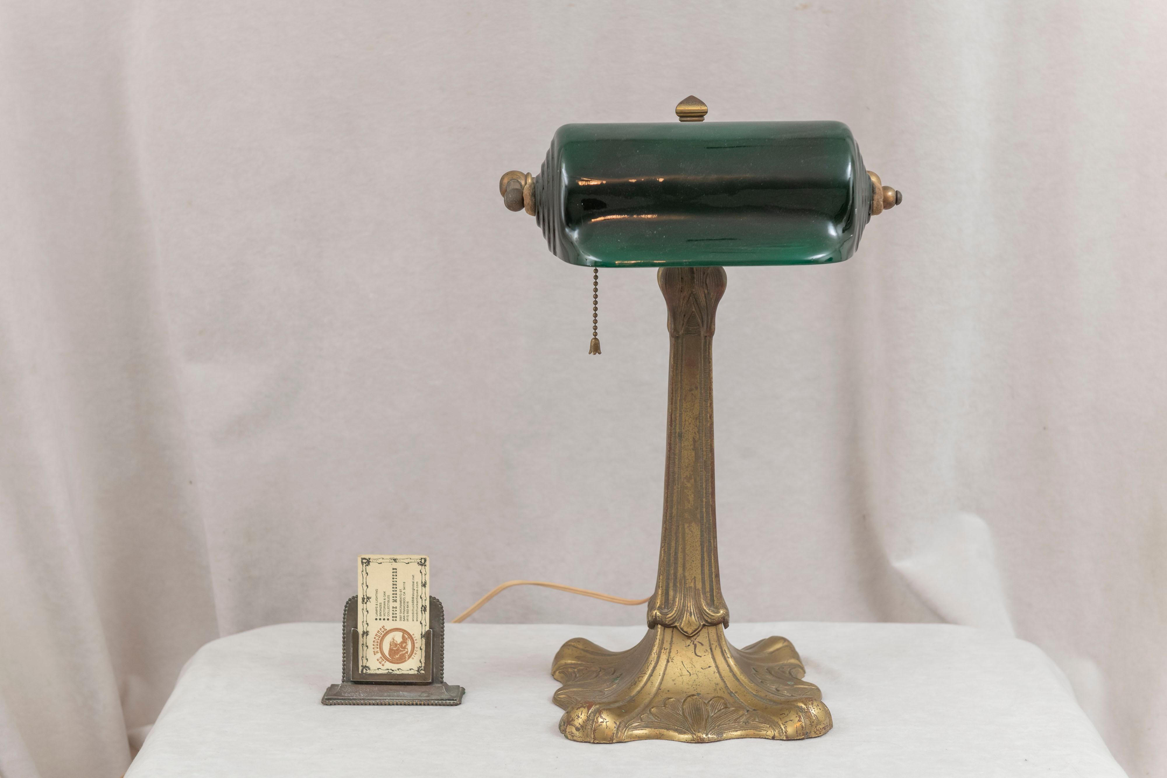 Cast Banker's Lamp, W/Green Glass Shade, Bronze Base, ca. 1915