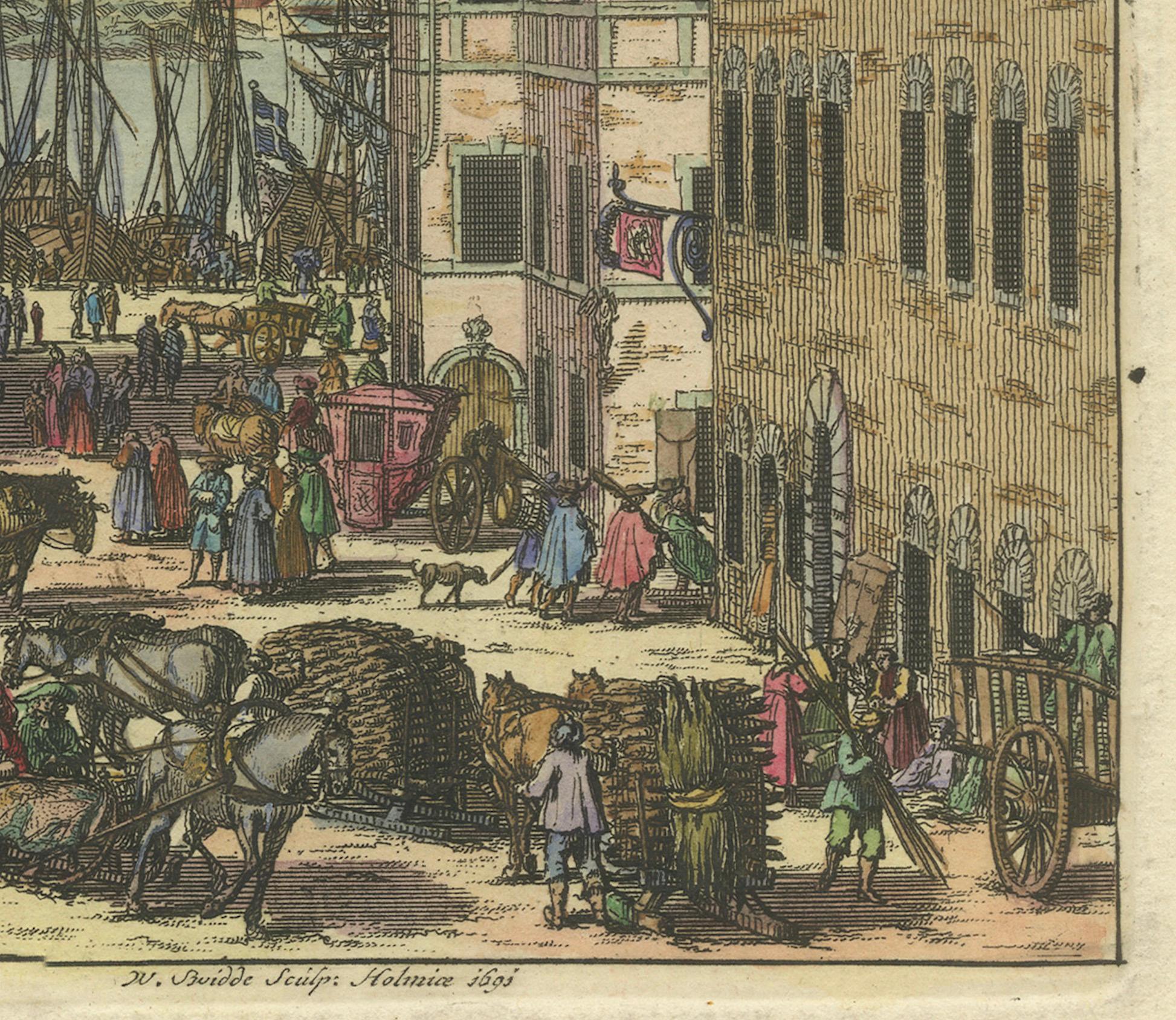 Paper Banking on Prosperity: Södra Bancohuset of Stockholm in a 1691 Swidde Engraving For Sale