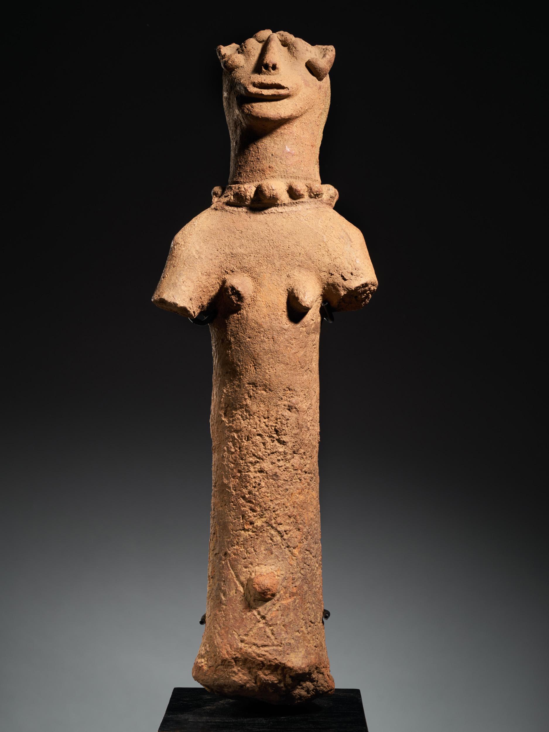 Hand-Carved Bankoni People, Mali, Female Terracotta Statue with Beaded Necklace