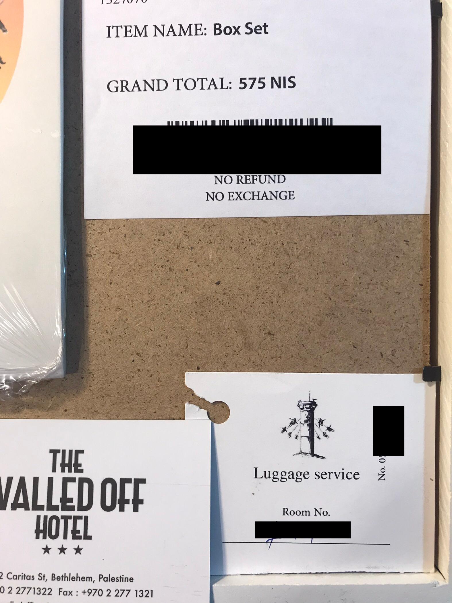 Walled Off Hotel Box Set 2017
Medium
Print
Condition
Acquired from the Walled Off Hotel, with the original receipt. Note, this is not signed or nor numbered by the artist.  Mint 
Signature
Comes with Certificate Of Authenticity from the Walled Off