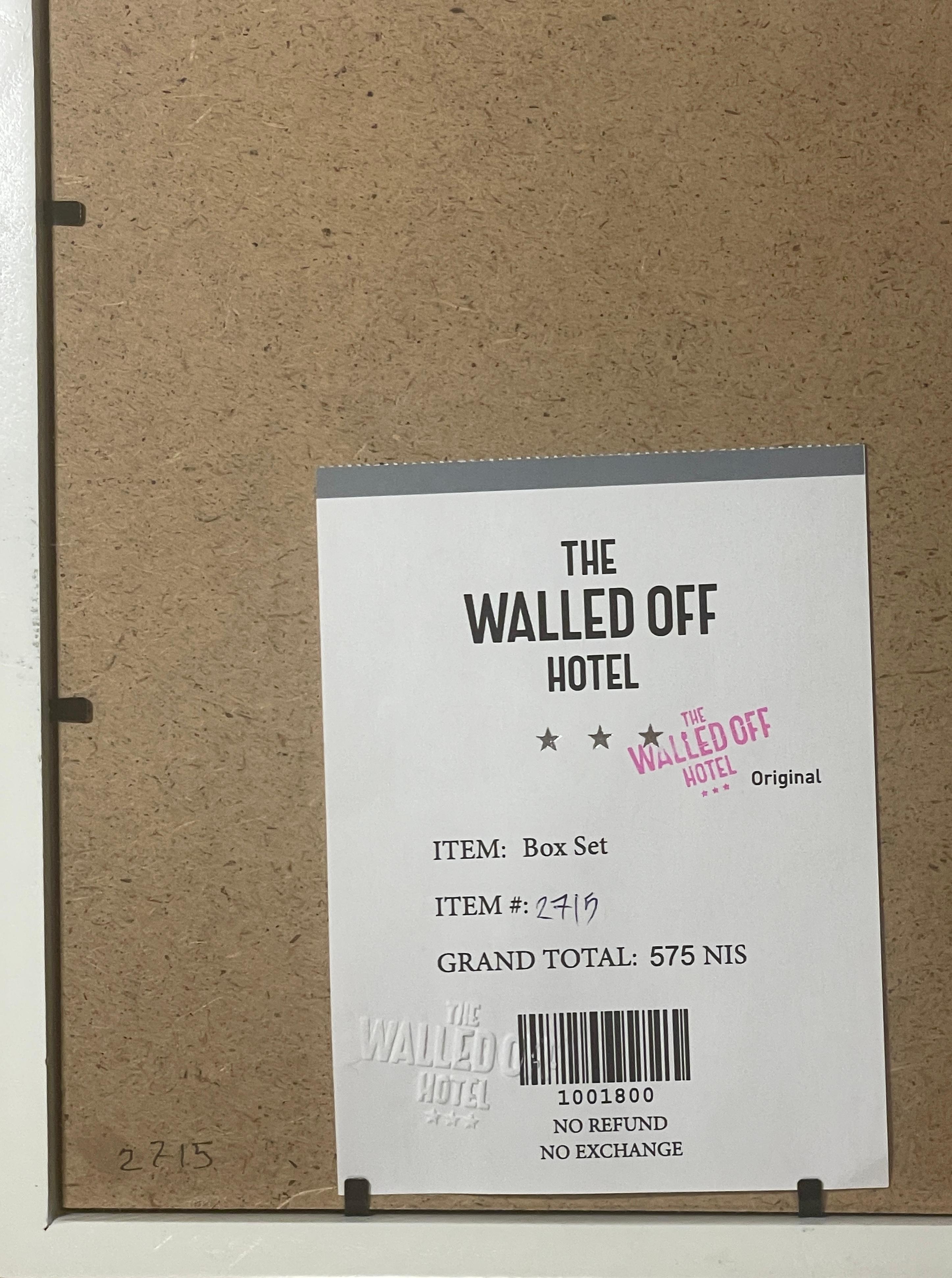 Walled Off Hotelm Box Set 2019. From the hotel designed by Banksy. Digital print with concrete wall piece. Comes with Certificate Of Authenticity from the Walled Off Hotel.  Also included is receipt from Ben Gurion to the Walled Off Hotel in