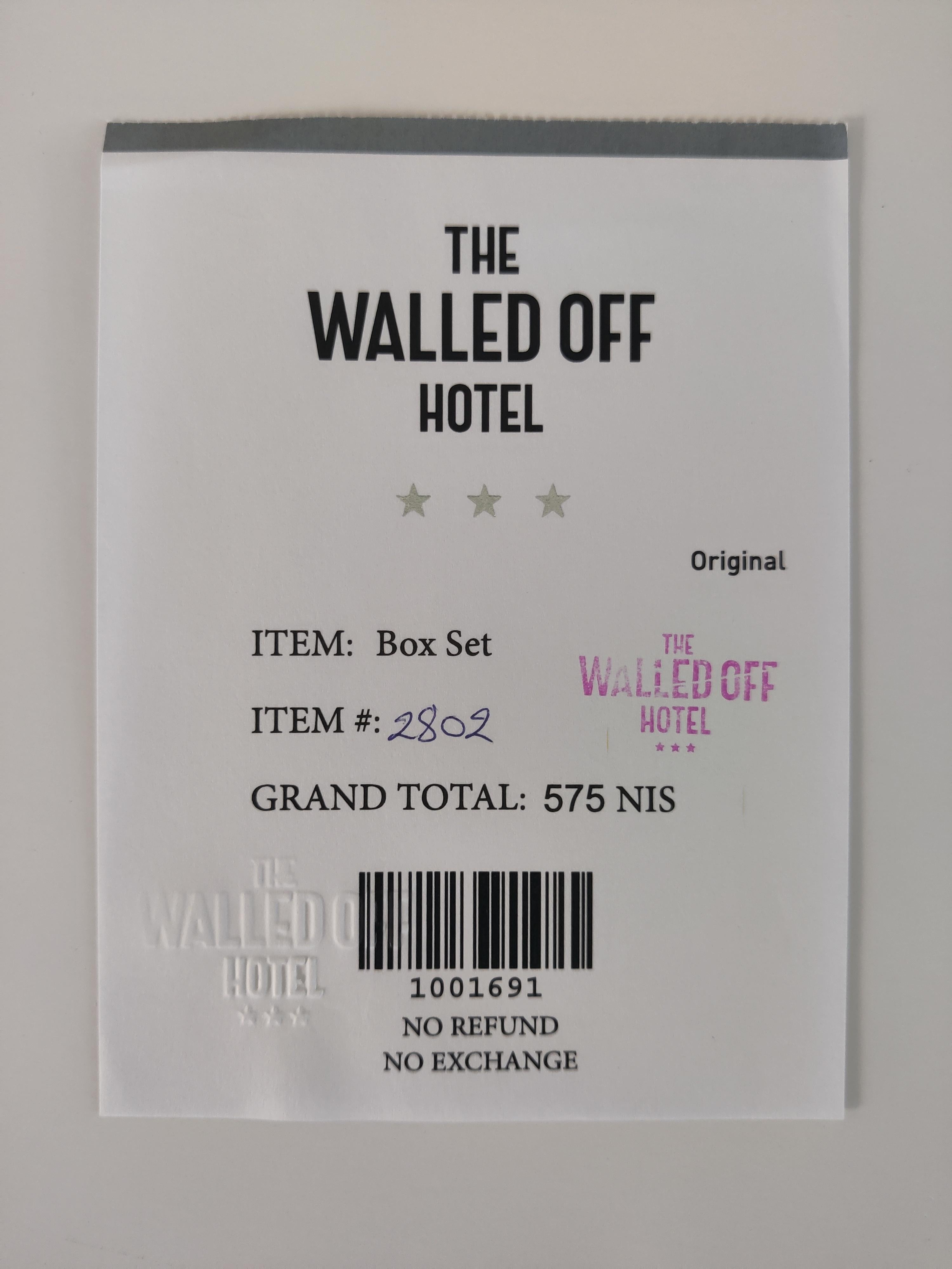 Banksy -- Walled Off Hotel,  Box Set 

From the hotel designed by Banksy. Digital print with concrete wall piece.

Comes with the receipt.

The edition size is unknown. Unsigned by Banksy.

Dimensions: Height: 25 cm, Width: 25 cm, Depth: 4.5 cm