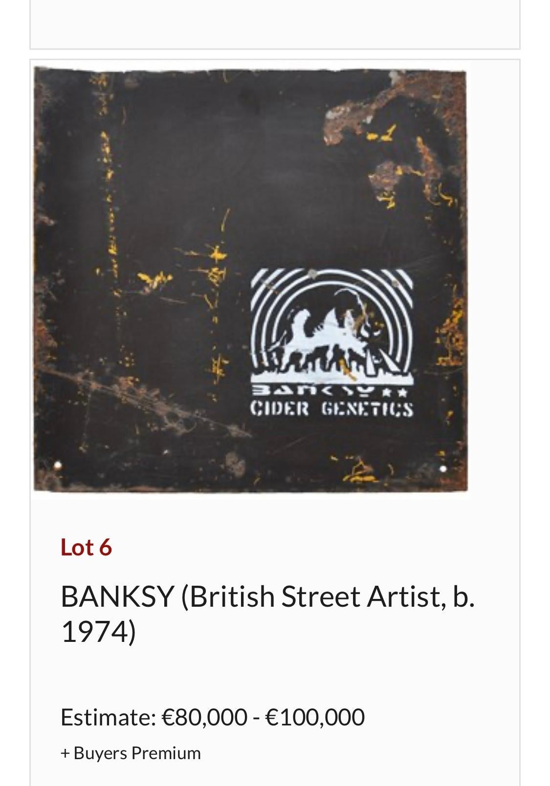 Aerosol Spray Paint on Metal Sheet
Size unframed: 40 x 40 cm (15,75 x 15,75 in).
Size framed: 55 x 55 cm

Signed BANKSY in the stencil. A very early example of the BANKSY tag.

LITERATURE

– Listed in the ‘Catalogue Raisonne of Banksy’s Street Art’,