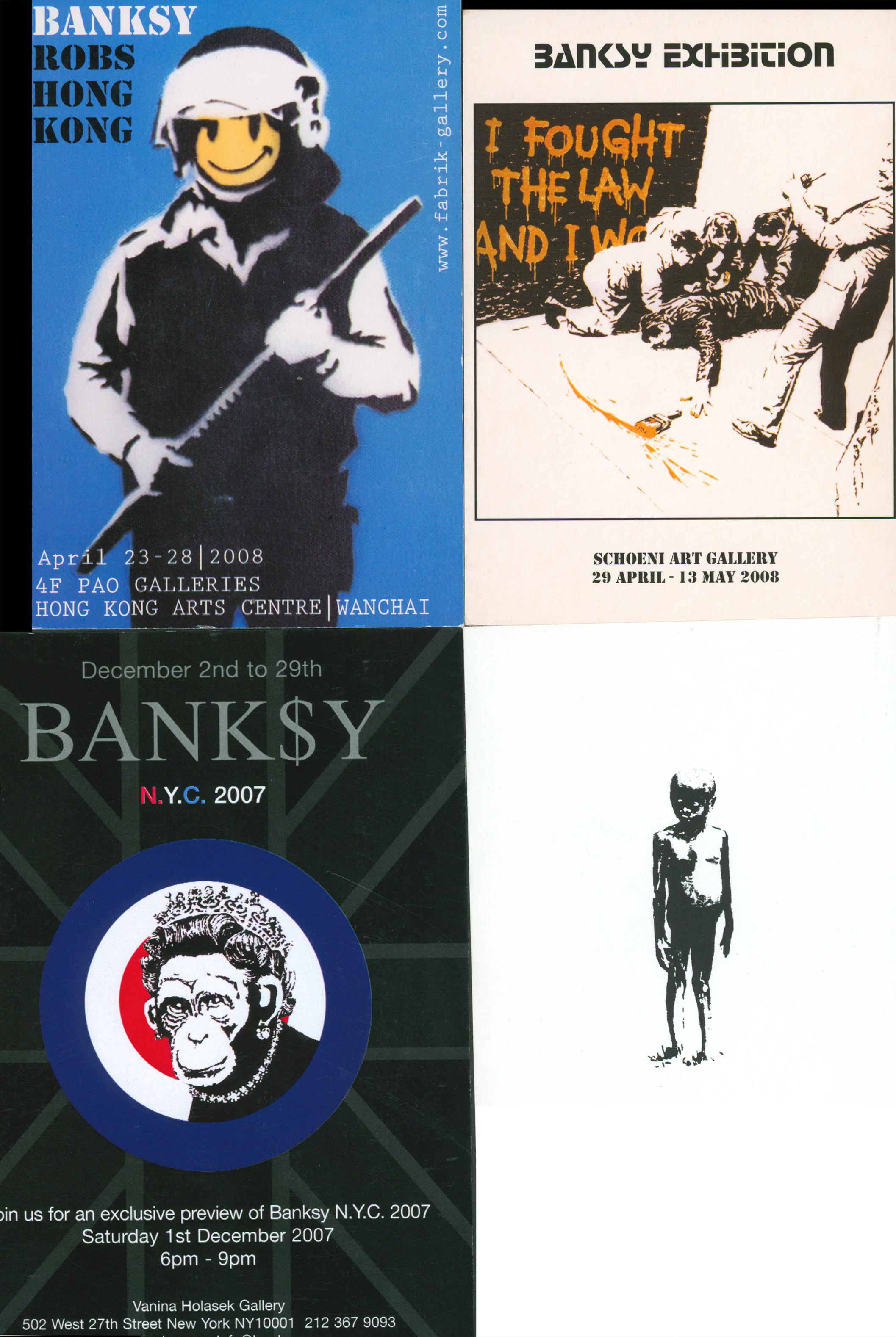 A rare set of four rare vintage Banksy announcement cards published between 2006-2008 to advertise the following Banksy exhibitions:

Schoeni Art Gallery April 29 - May 13, 2008 Hong Kong.

Banksy NYC December 1st, 2007: Vanina Holasek Gallery New