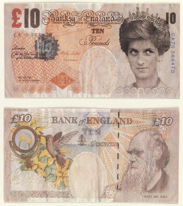 Banksy Di-Faced Tenner: 
Published by Santa's Ghetto, London, for the 2004 Banksy exhibition - Banksy also made a whole briefcase full of these historic, and much fabled 10 pound 'bank notes', and  'made them rain' at the Reading and Notting Hill