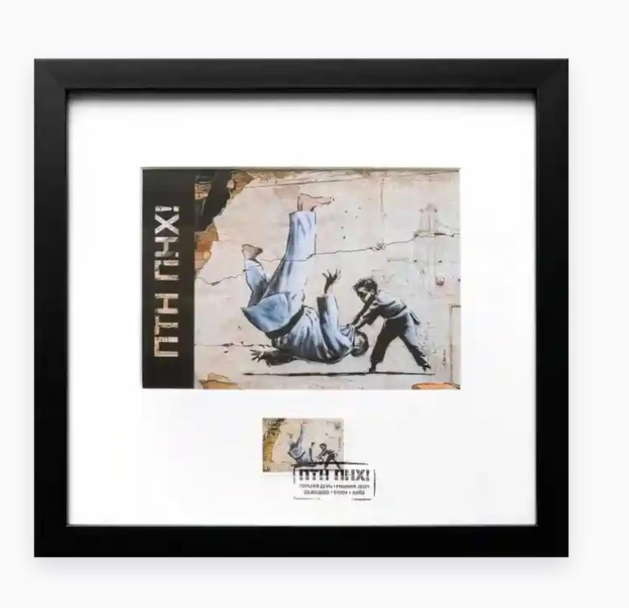 Banksy, ПТН ПНХ! (FCK PTN!)- Ukraine Stamp and Postcard, 2023

offset lithographic postcard with stamp and inkstamp
from the unnumbered edition of 1,000
issued by The National Post Office of Ukraine
overall 23 x 22.4cm
framed