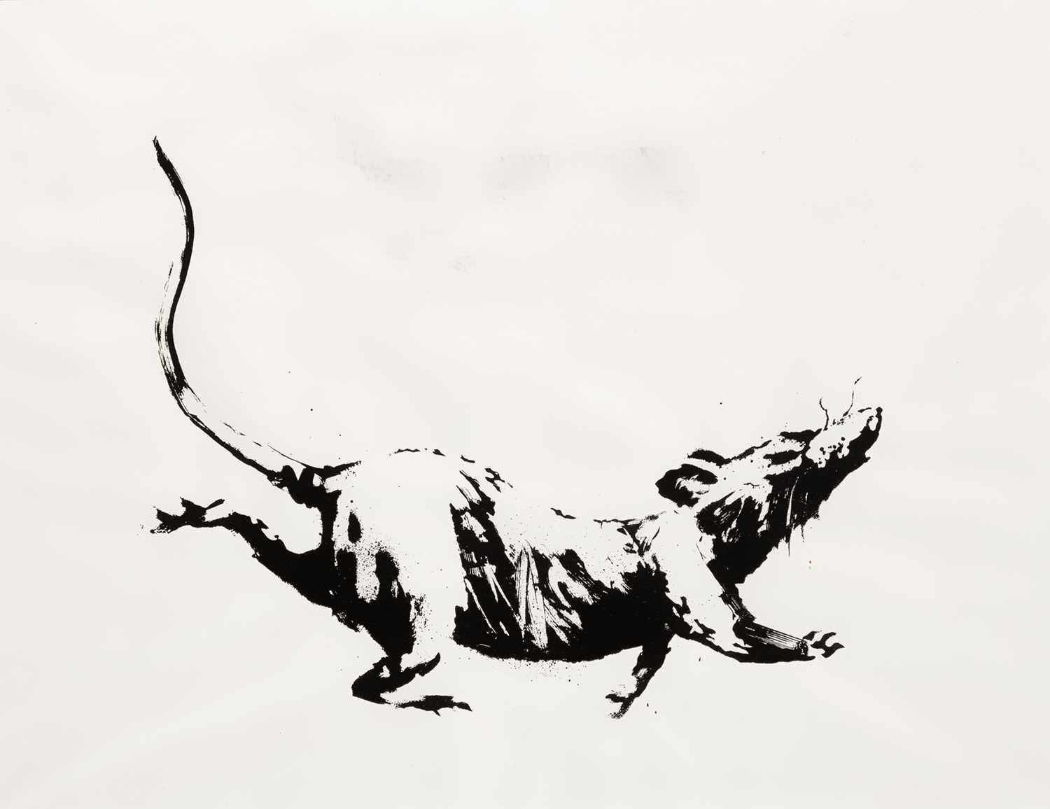 Banksy, GDP Rat, 2019

Screen print on 50gsm paper

38.5 x 50.5 cm (15.3 x 19.6 in)

Handed out at random times at GrossDomesticProduct show in Croydon. Exact number unknown but these are rare.

Condition: Very good, the paper has naturally