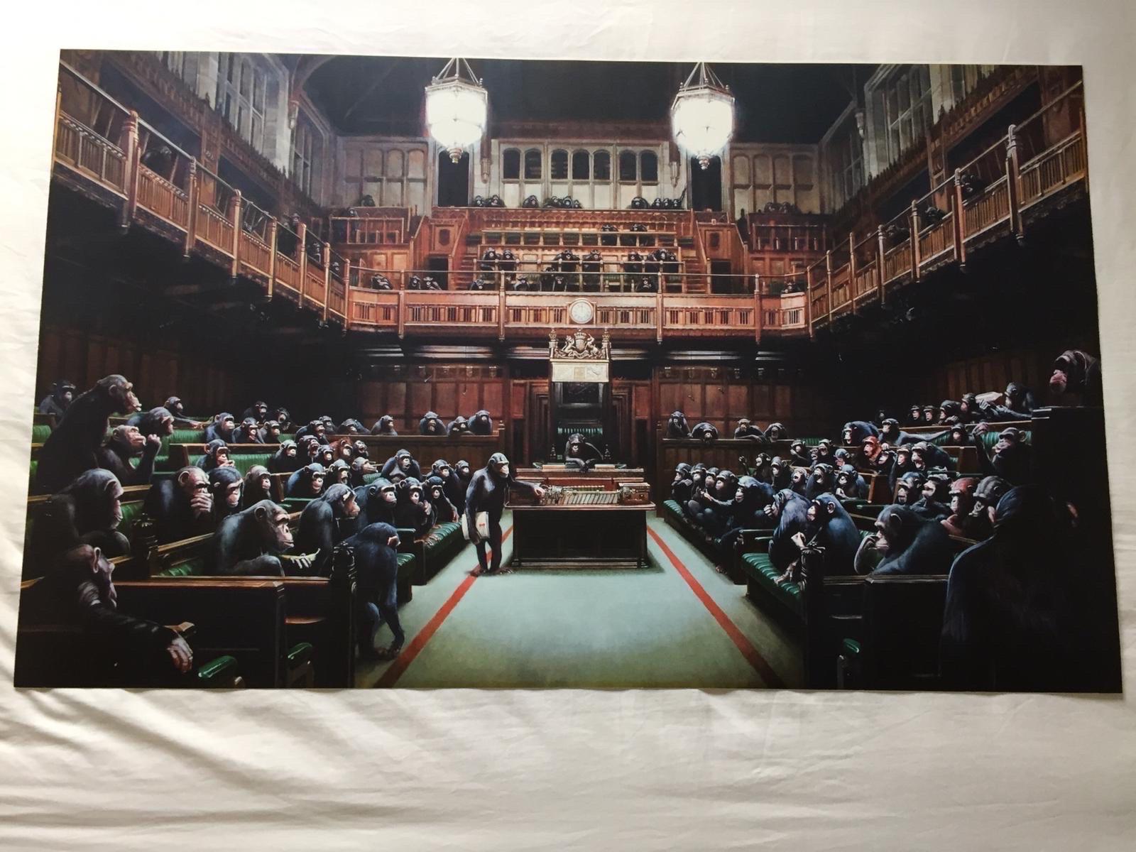 Banksy, Monkey Parliament’ 2009

Offset Lithograph

Size: 84 x 53 cm (33.1 x 20.8 in)

Edition: limited, exact quantity unknown

Description: Official Banksy lithograph produced for the Bristol Museum exhibition.

Condition: Has minor scratches from