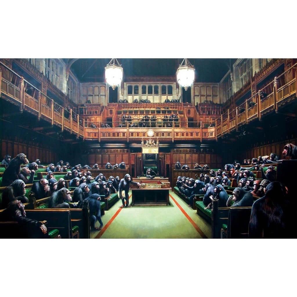 Banksy, Monkey Parliament, 2009

Offset Lithograph

Size: 84 x 53 cm  approx. 33.1 x 20.8 in

Edition: limited, exact quantity unknown

Description: Official Banksy lithograph produced for the Bristol Museum exhibition.

Condition: Very Good

‘You
