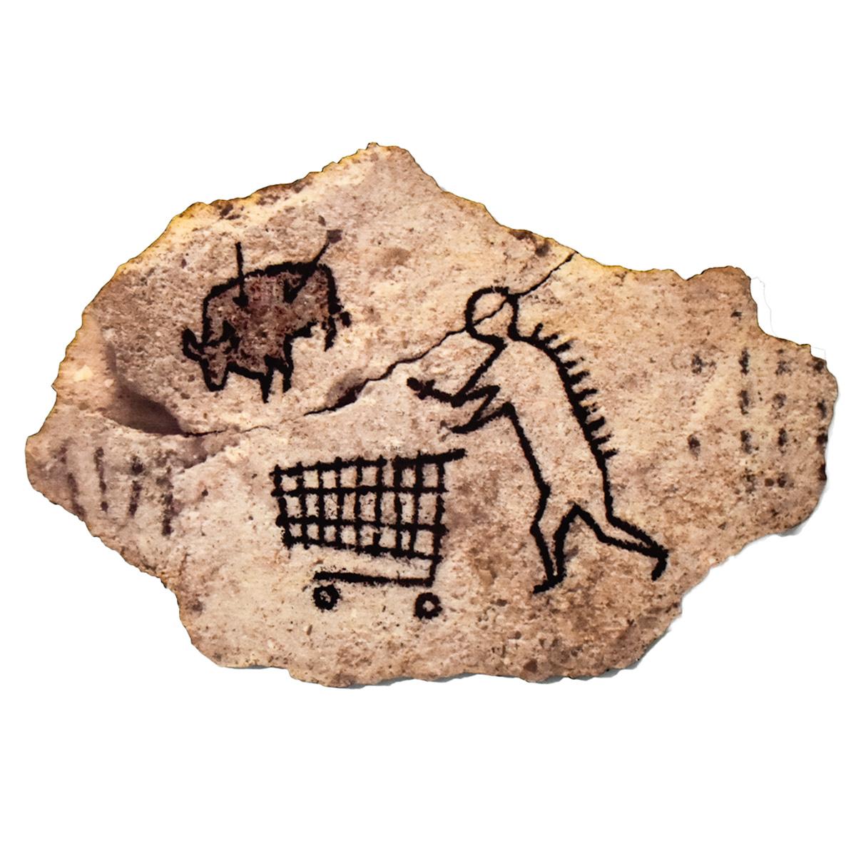 Pièce impressionnante représentant des personnages préhistoriques avec des chariots de supermarché.
D'après la sculpture en béton de 2005 de la sculpture en pierre Peckham Rock de Banksy. 
Cette œuvre d'art a été publiée par le British Museum avec
