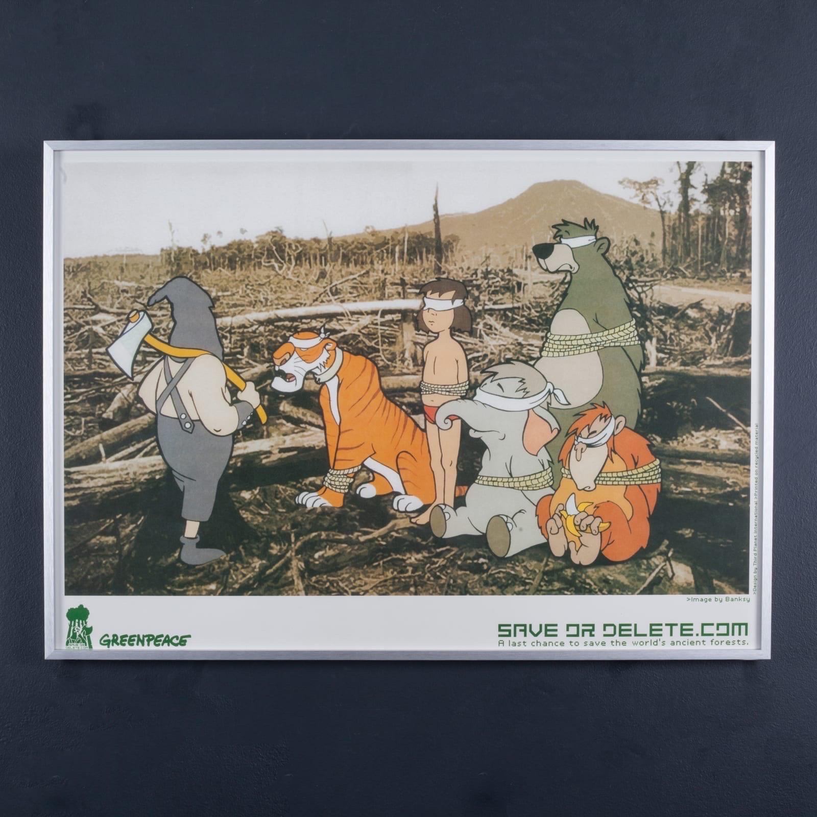 BANKSY, SAVE OR DELETE is a Poster produced by Banksy in support of Greenpeace in a last chance to save the world's rainforests. Unfortunately, the poster was banned by Disney, hence they are very rare and collectable now, and quite profound!