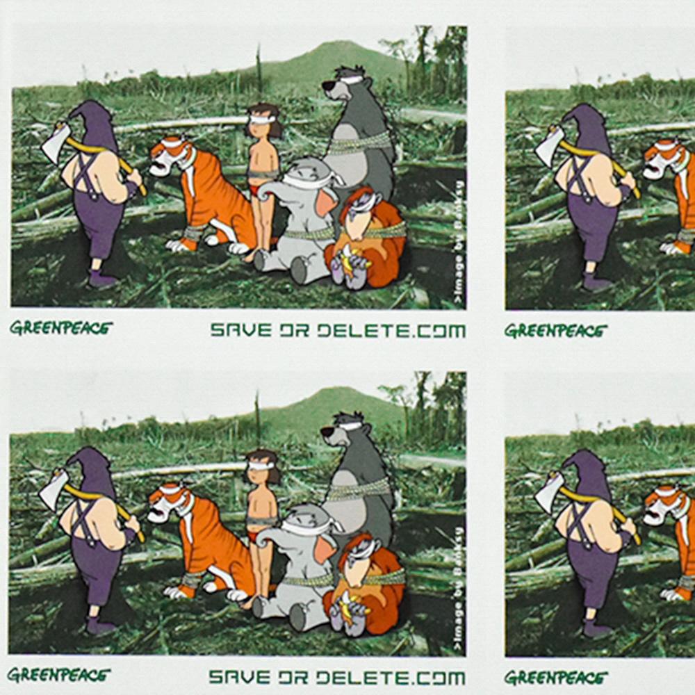 Image was created by Banksy for Greenpeace to highlight deforestation issues.
Features famous cartoon characters blindfolded in the midst of a destroyed forest.
Very limited distribution, the campaign was cancelled and few were released. Most were