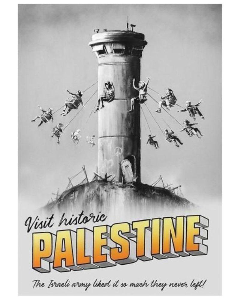 Banksy, Visit Historic Palestine, 2019

Offset lithograph

Official Walled Off Hotel Release 2017-20 (Now Sold Out)

42 x 59 cm (16.53 x 23.22 in)

Stamped by the artist's estate and embossed logo in the lower left-hand corner and stamped on the