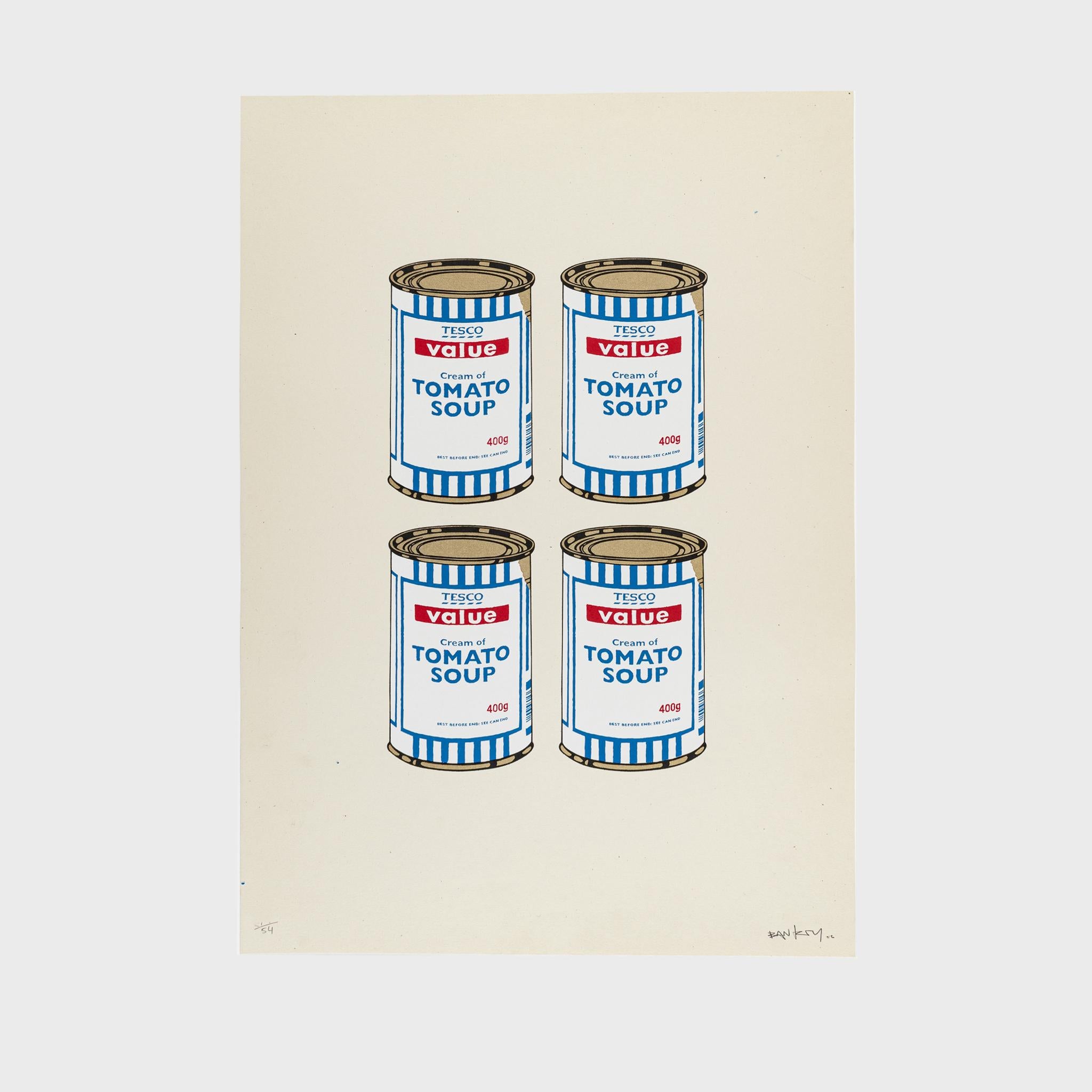 Quatre boîtes à soupe dorée sur crème - Print de Banksy