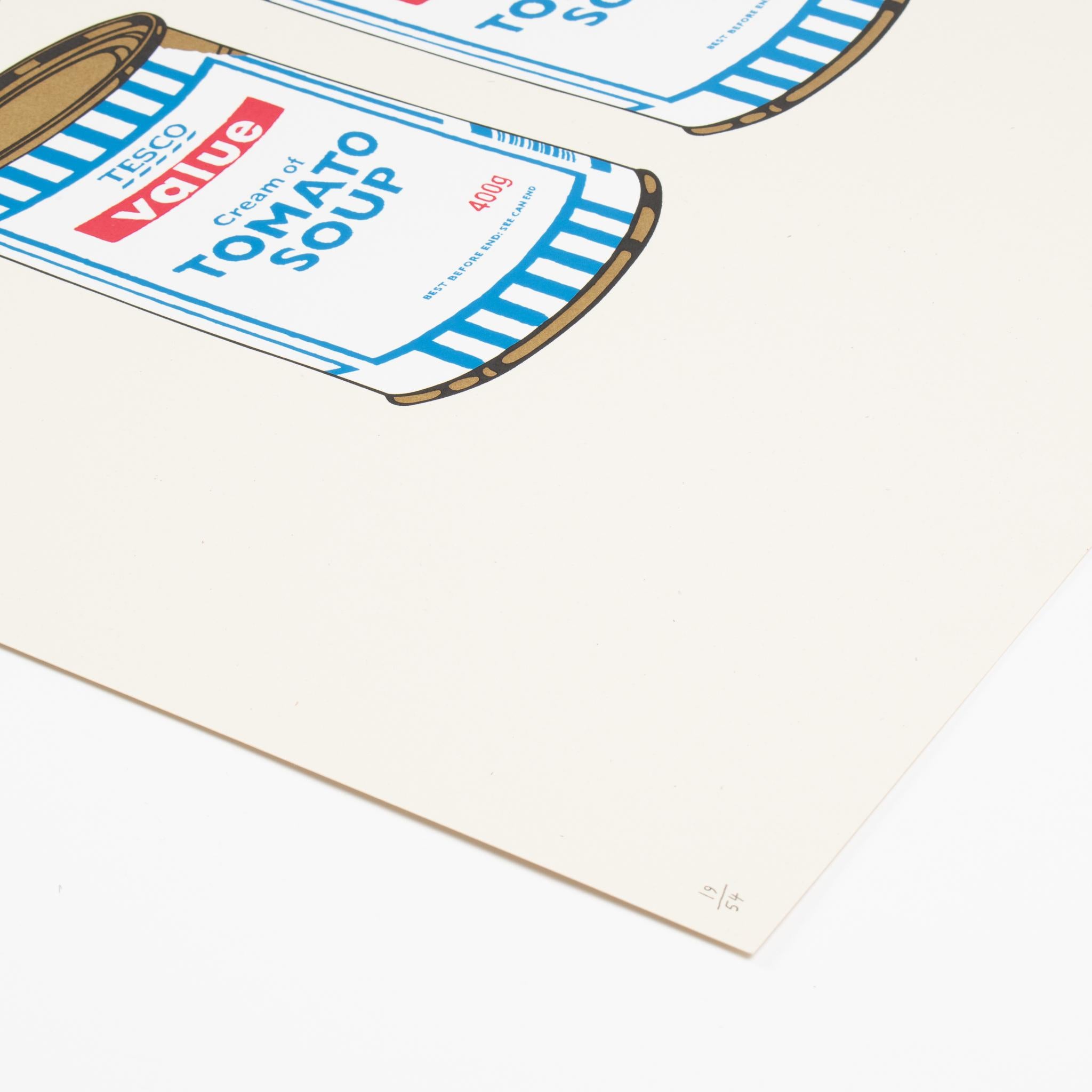 Quattro barattoli di zuppa - Oro su crema - Print Contemporaneo di Banksy