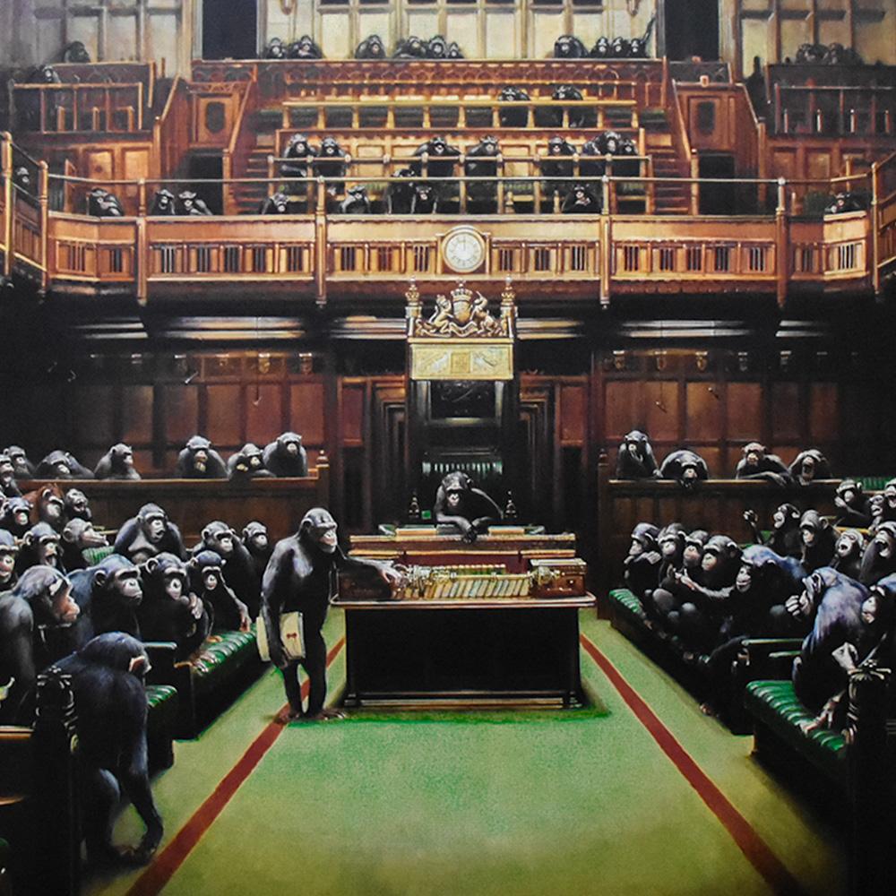 Gorgeous Banksy Monkey Parliament lithograph. 
Released at Banksy’s exhibition Banksy vs. Bristol Museum in 2009.
The original tube that this artwork came in from the museum when purchased is also included with this print giving it excellent