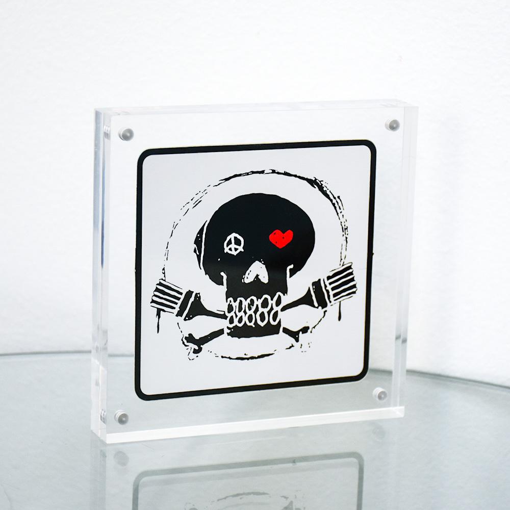 POW Pictures on Walls Skull Logo Sticker (Square White) - Print by Banksy