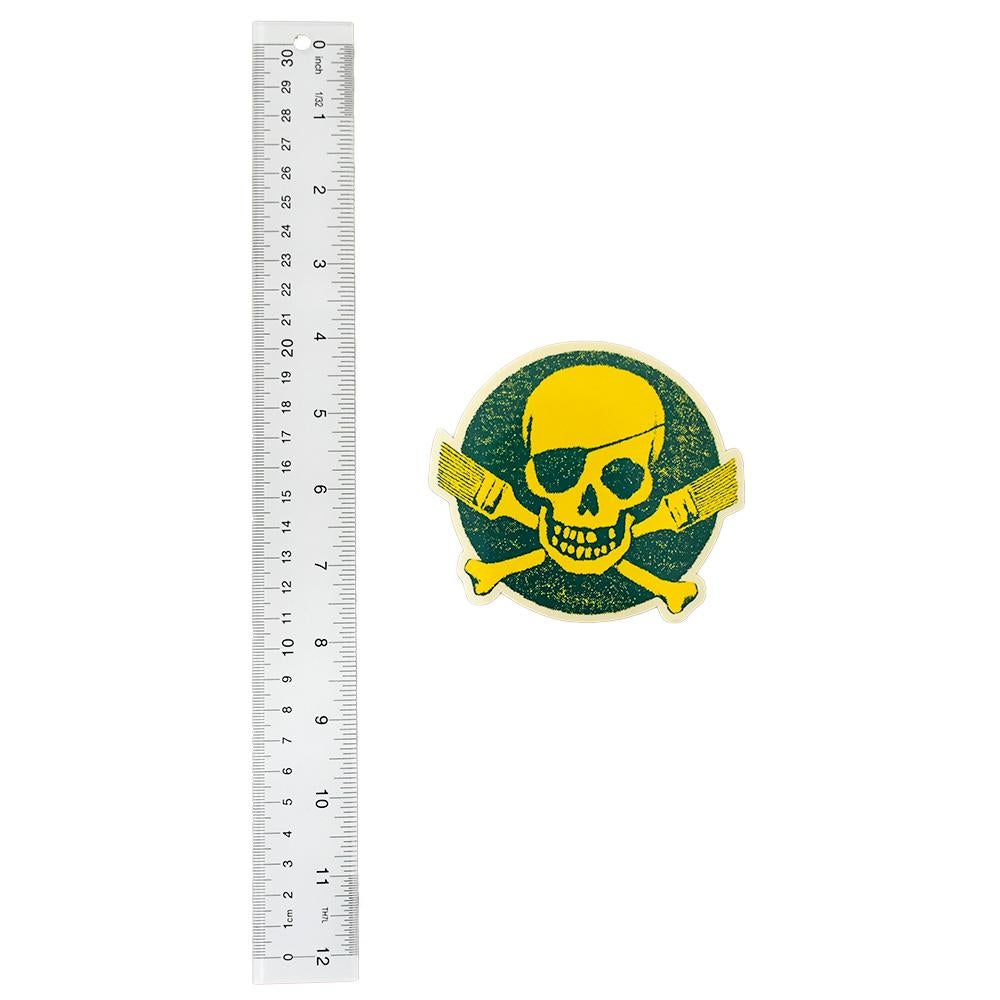 Iconic skull and paint brushes logo sticker of the Pictures on Walls (POW) print house.
Yellow skull with green background.
Released circa 2004 they were produced in numerous colors.
Pictures on Walls, the now legendary print house, featured many