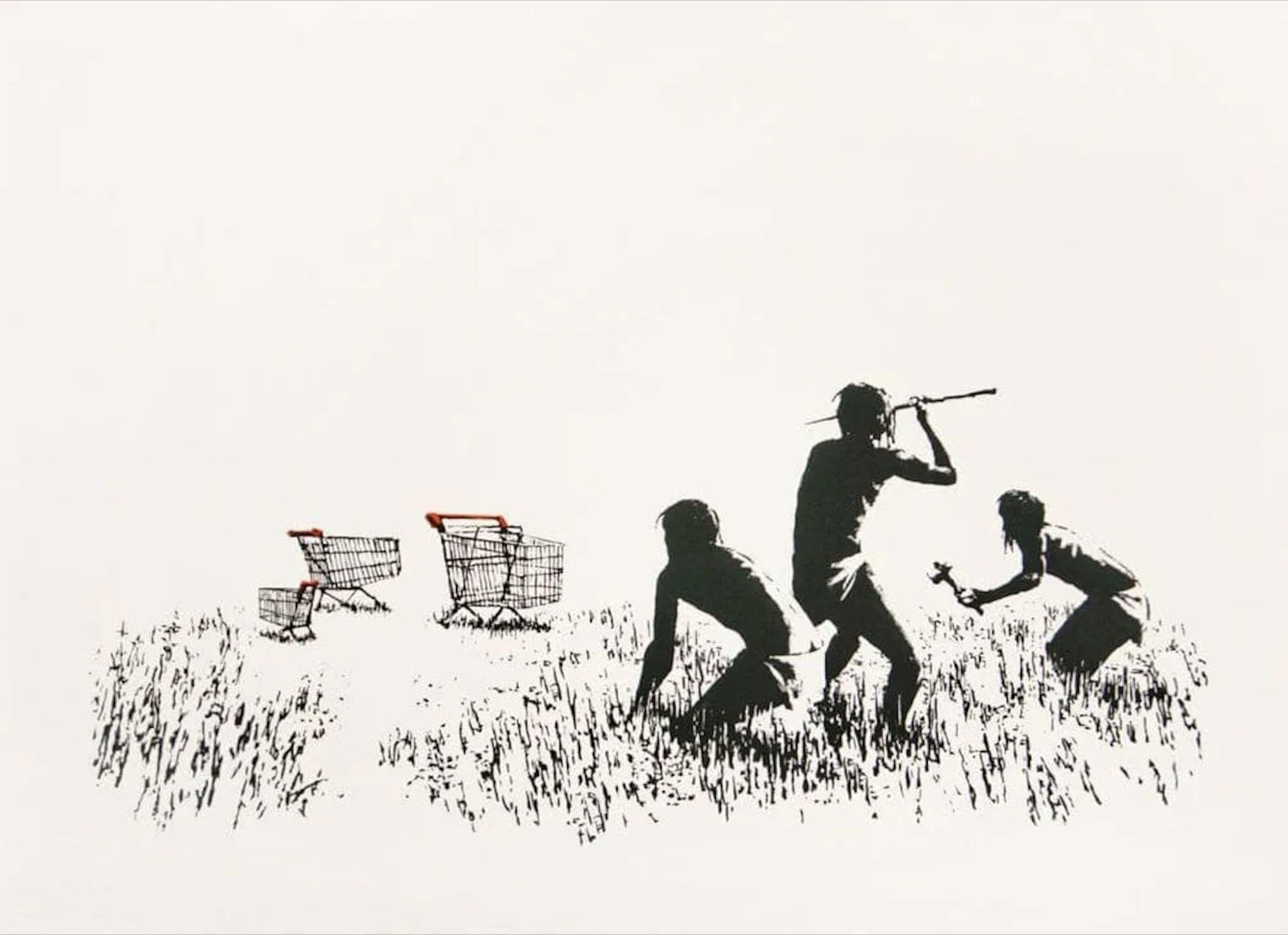 by Banksy 

TROLLEYS (UNSIGNED), 2007
Screen print in colours
29 7/8 x 22 in
76 x 56 cm
Edition of 500