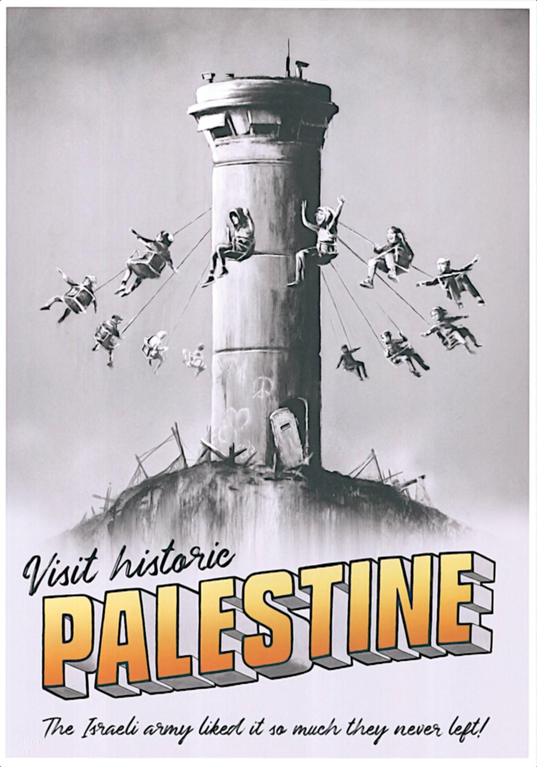 Visit historic Palestine Walled Off Hotel - color offset lithography - dry stamp - Art by Banksy