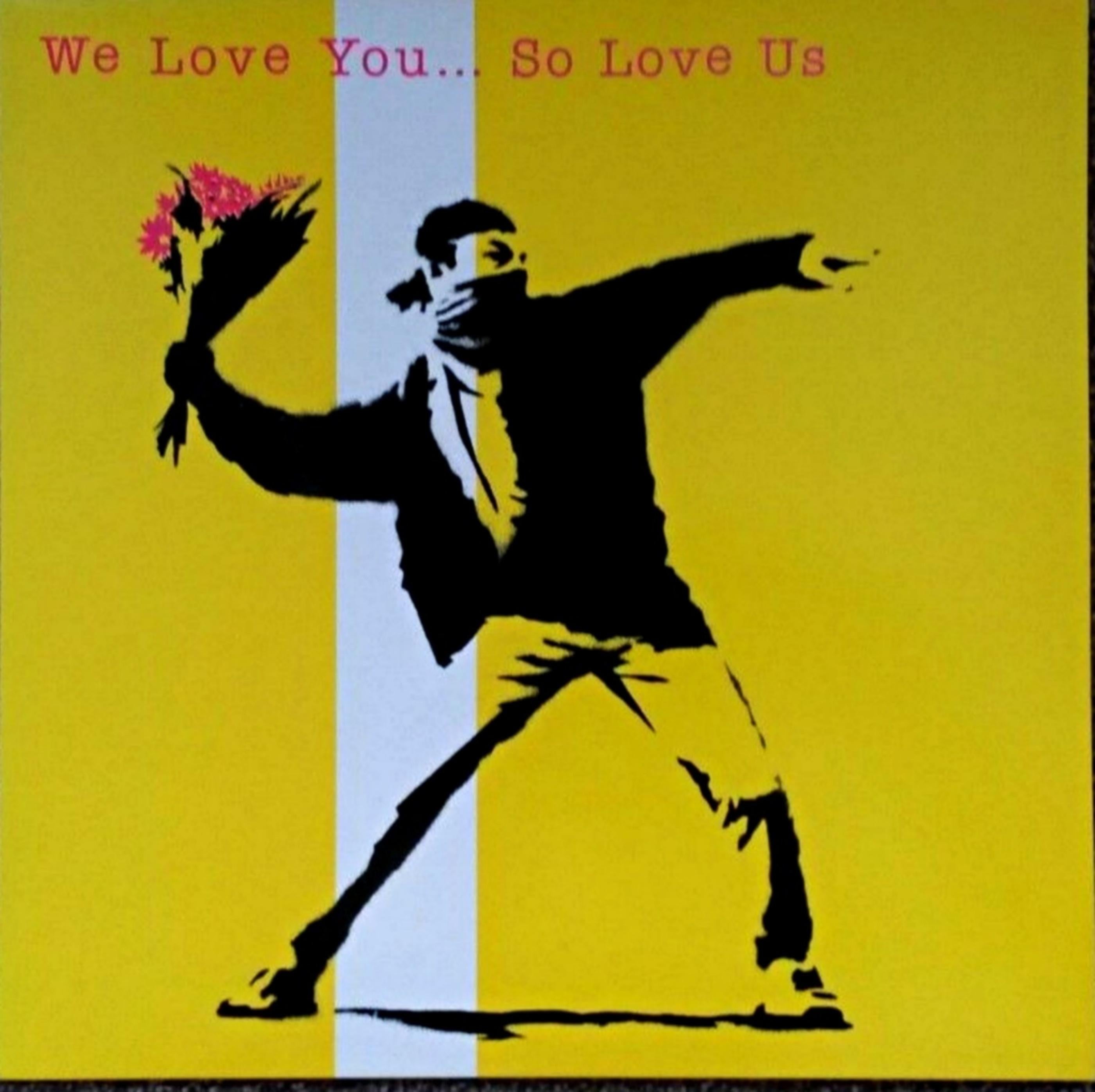 Banksy Figurative Print – We Love You...So Love Us Mixed Media Blume Bomber Siebdruck Albumcover & LP 