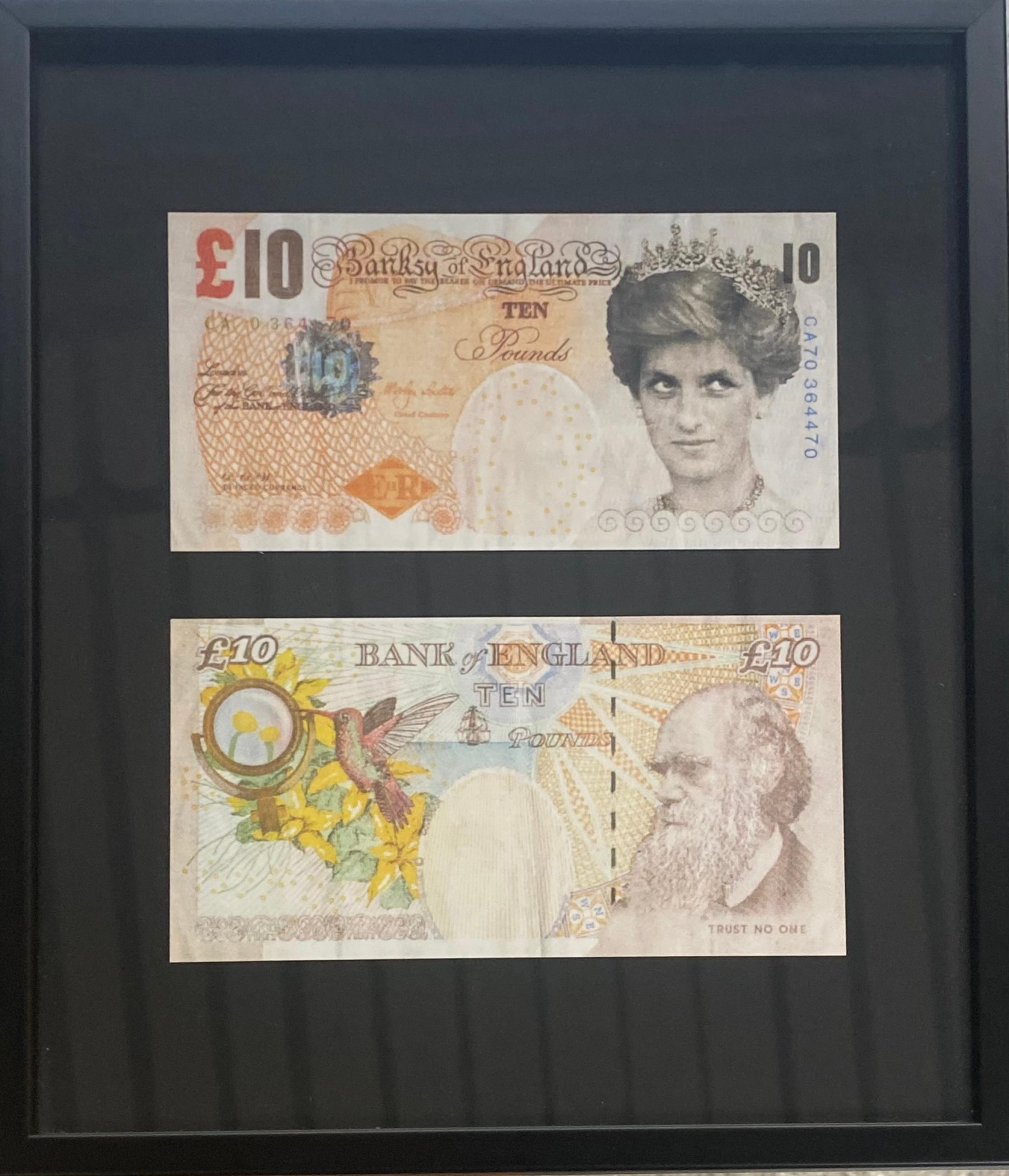 Banksy: Banksy (1974), after
Set of two Lady Di-faced tenner, a 10 pound note in the likeness of Lady Di issued by Banksy off England
This banknote was distributed to the participants of the Nothing Hill festival parade in 2004.
Size: framed