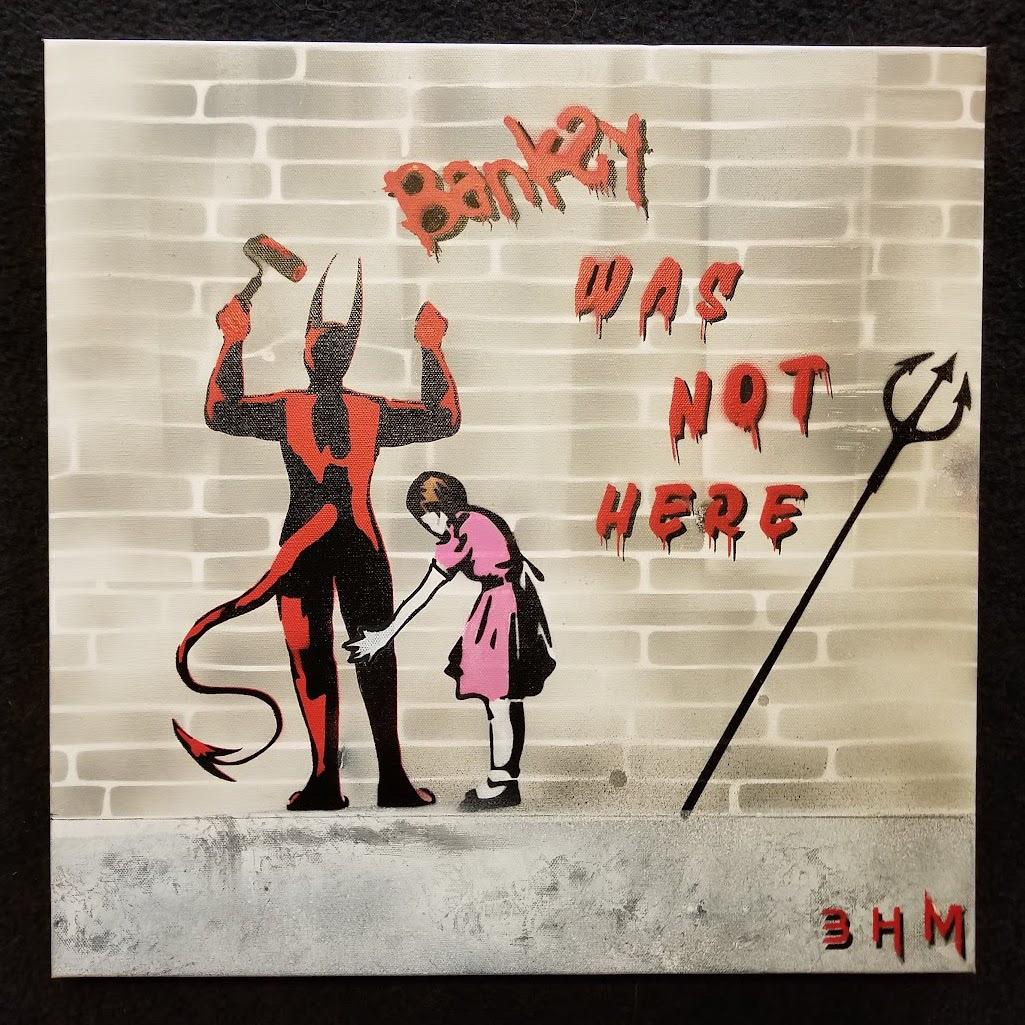 Banksy Hates Me Portrait Painting – Contemporary street art banksy pop art museum leinwand rot interior figurativ