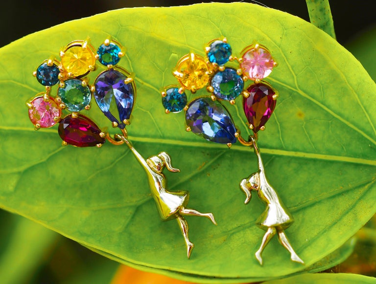 Girl on Balloons 14k gold Earrings Studs. Sapphires earrings in 14k gold.  For Sale 7