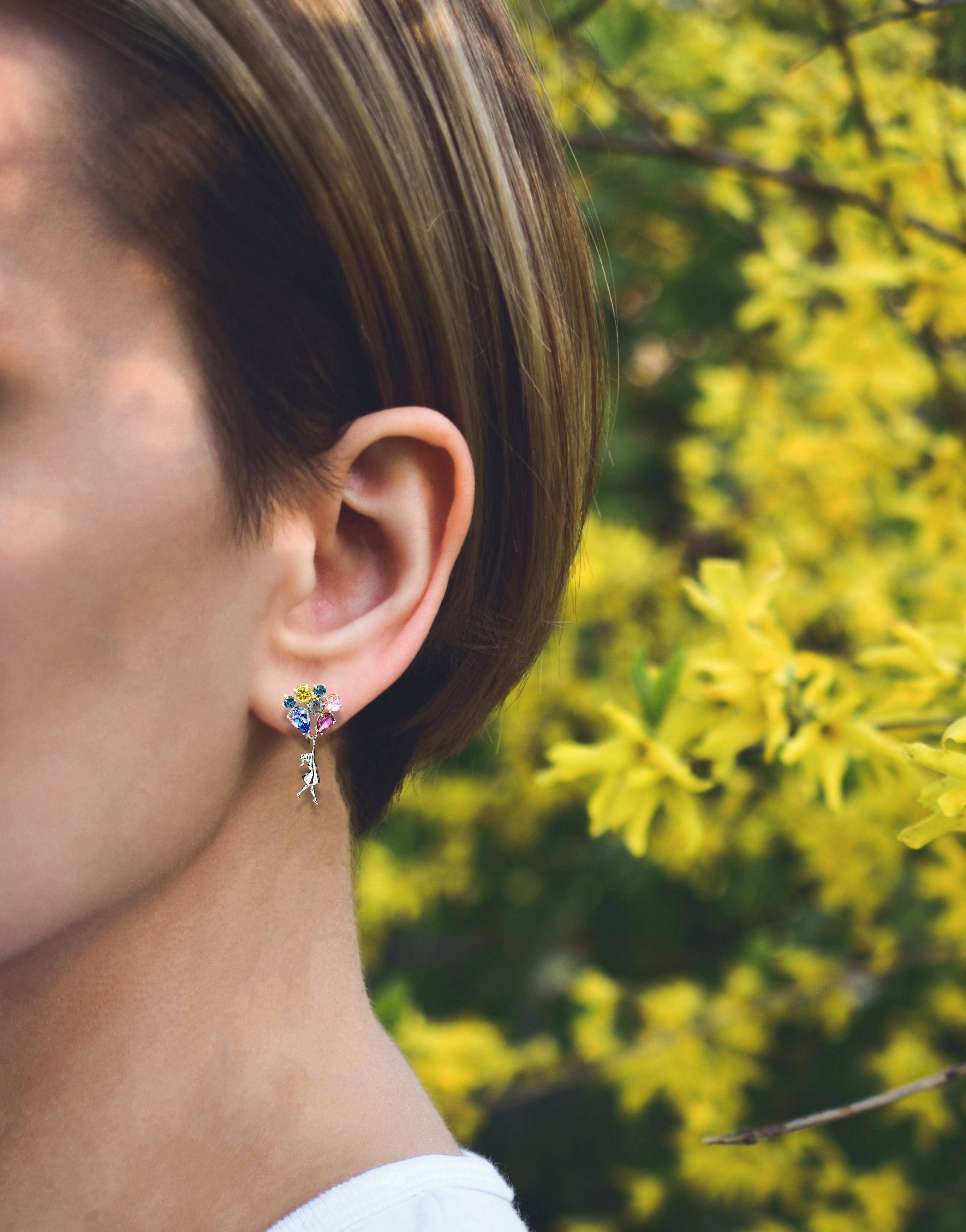 Girl on Balloons 14k gold Earrings Studs. Sapphires earrings in 14k gold. ! For Sale 8