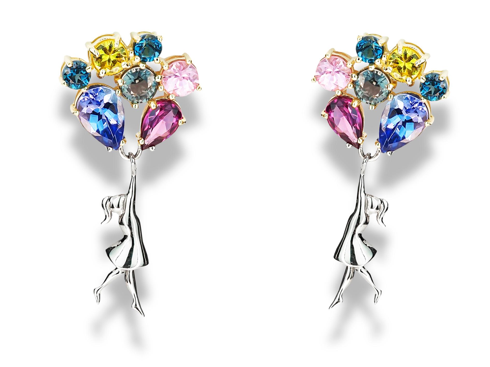 Girl on Balloons 14k gold Earrings Studs. Sapphires earrings in 14k gold. ! For Sale 9