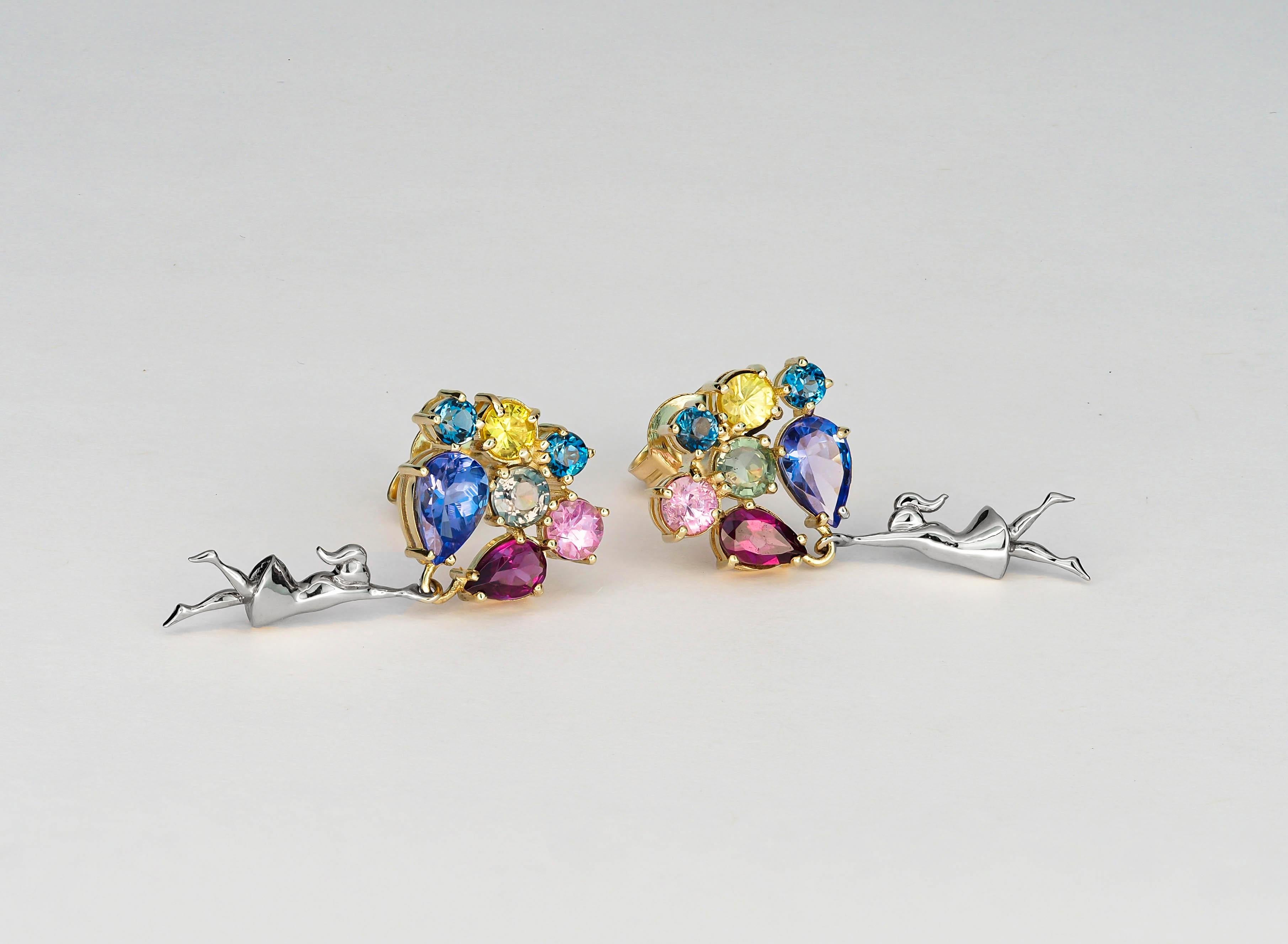 Contemporary Girl on Balloons 14k gold Earrings Studs. Sapphires earrings in 14k gold. ! For Sale