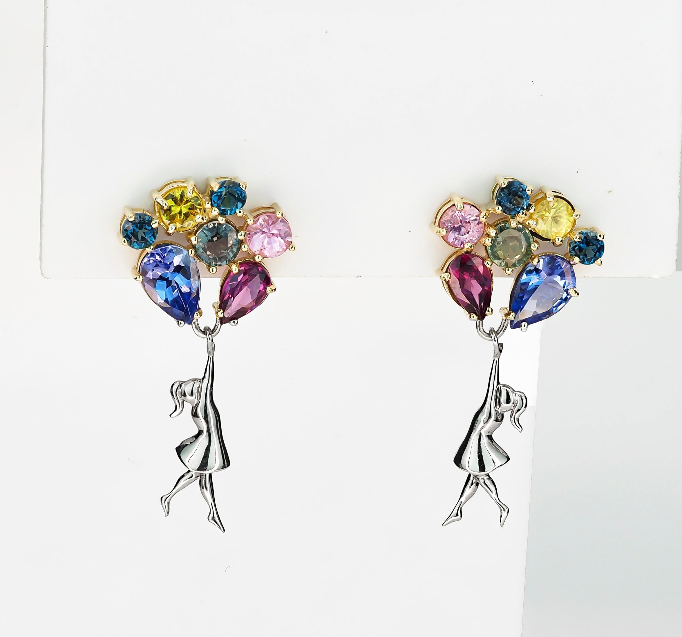 Girl on Balloons 14k gold Earrings Studs. Sapphires earrings in 14k gold. ! For Sale 3