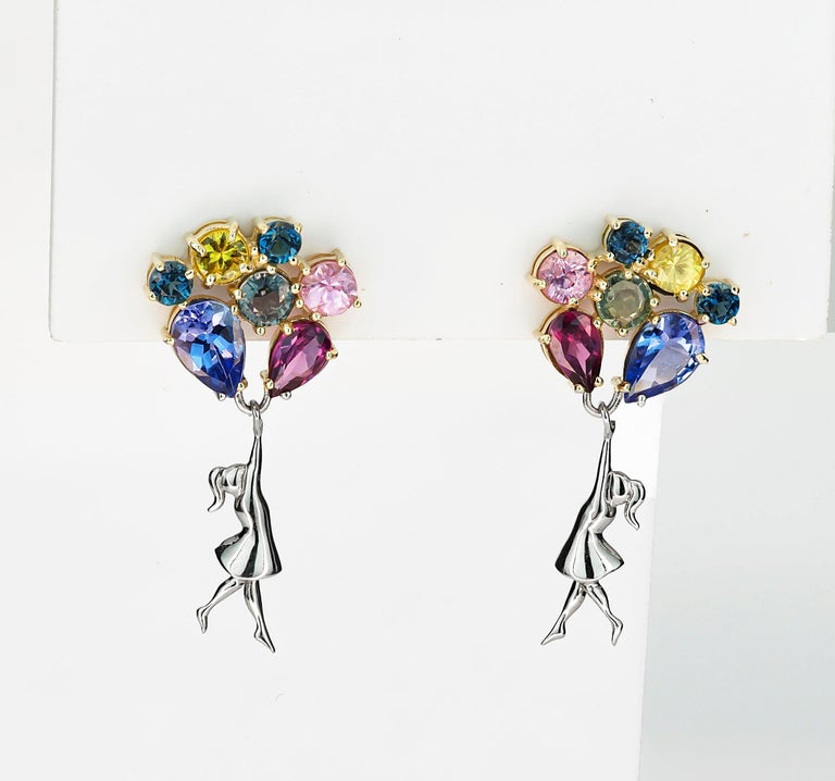 Girl on Balloons 14k gold Earrings Studs. Sapphires earrings in 14k gold.  For Sale 3