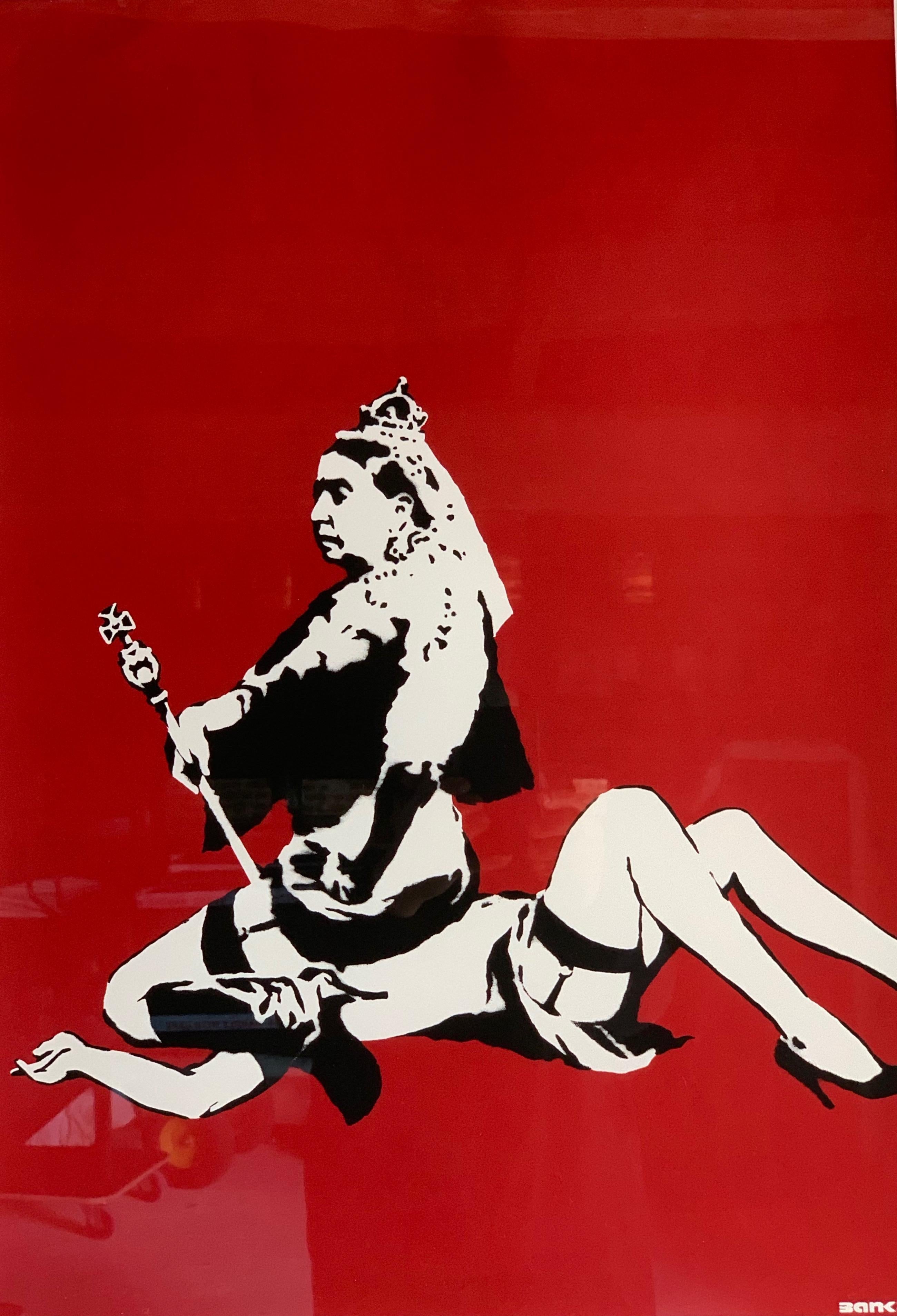 Banksy Queen Vic (British, b.1974)

Queen Vic is an early Banksy artwork printed by Pictures On Walls in 2003. ... This irreverent stencil image depicts Queen Victoria, England's monarch from 1837 until her death in 1901, as a lesbian engaged in an