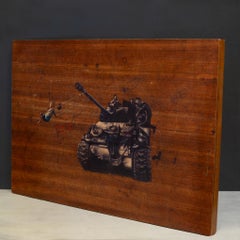 Banksy Style, Boy Swinging from a Tank, Impression sur Wood