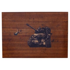 Banksy Style, Boy Swinging from a Tank, Impression sur Wood