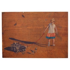 Banksy Style, Girl Pulling Tank, Print on Wood