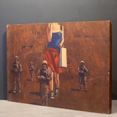 Banksy Style, Woman Shopping with Soldiers, Print on Wood, 1990