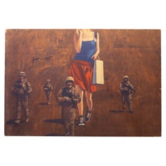 Banksy Style, Woman Shopping with Soldiers, Print on Wood, 1990