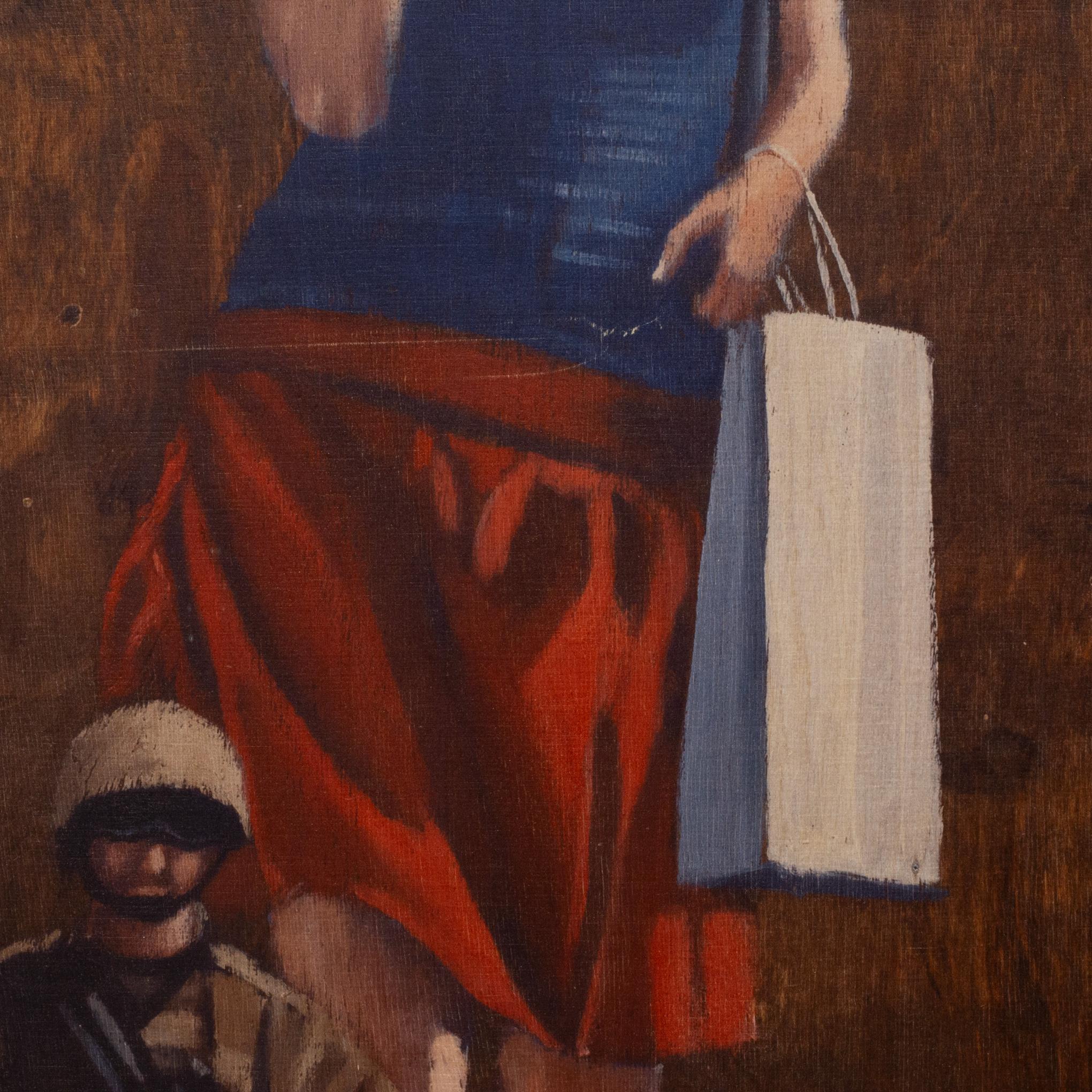 Estilo Banksy, Mujer de compras con soldados, Impresión sobre madera Británico