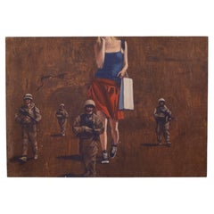 Estilo Banksy, Mujer de compras con soldados, Impresión sobre madera