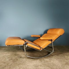 Banmüller Lama Brown Leather French German Rocking Lounge Chair Chaise