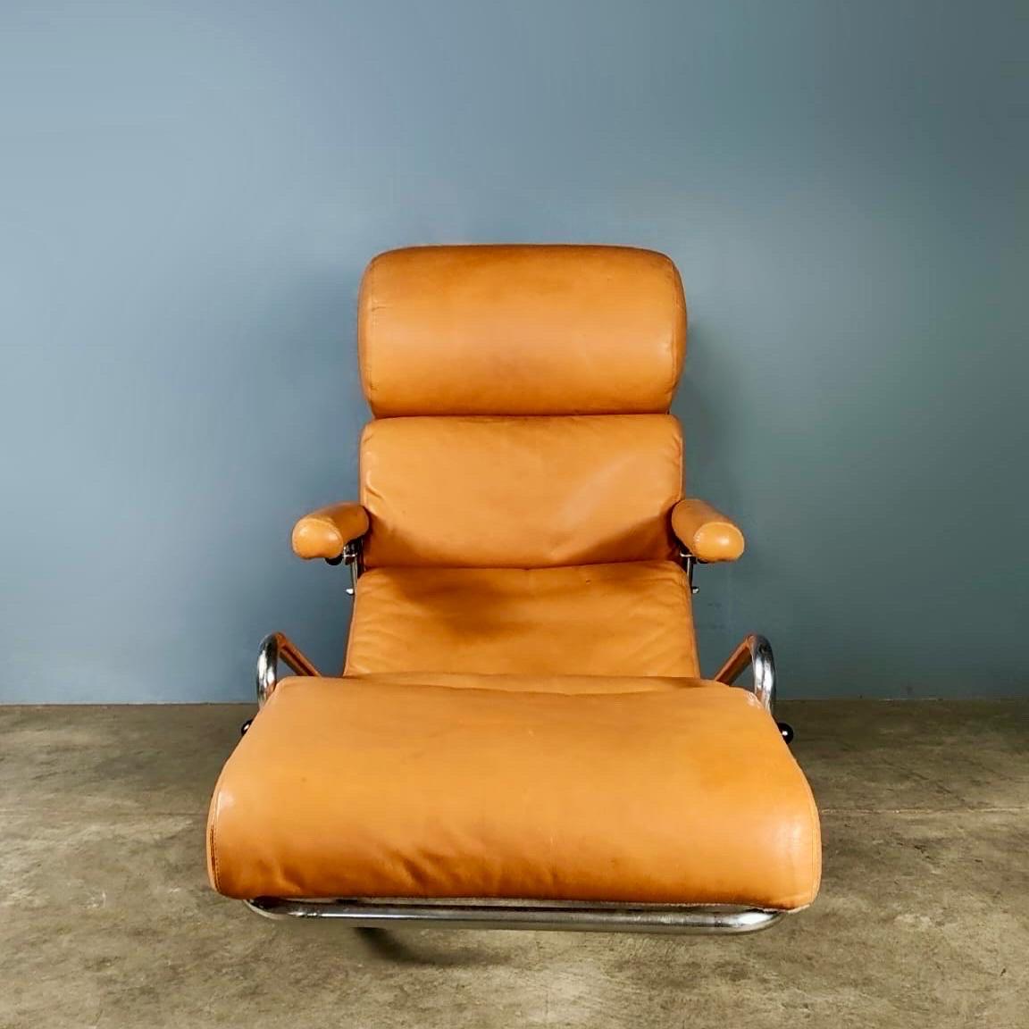 Inconnu Banmüller Lama Brown Leather French German Rocking Lounge Chair Chaise en vente