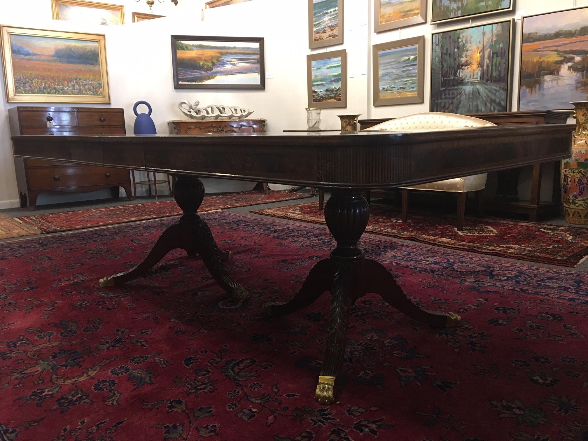 Georgian Banquet English Mahogany Dining Room Table with Pedestals & Leaves, 19th Century