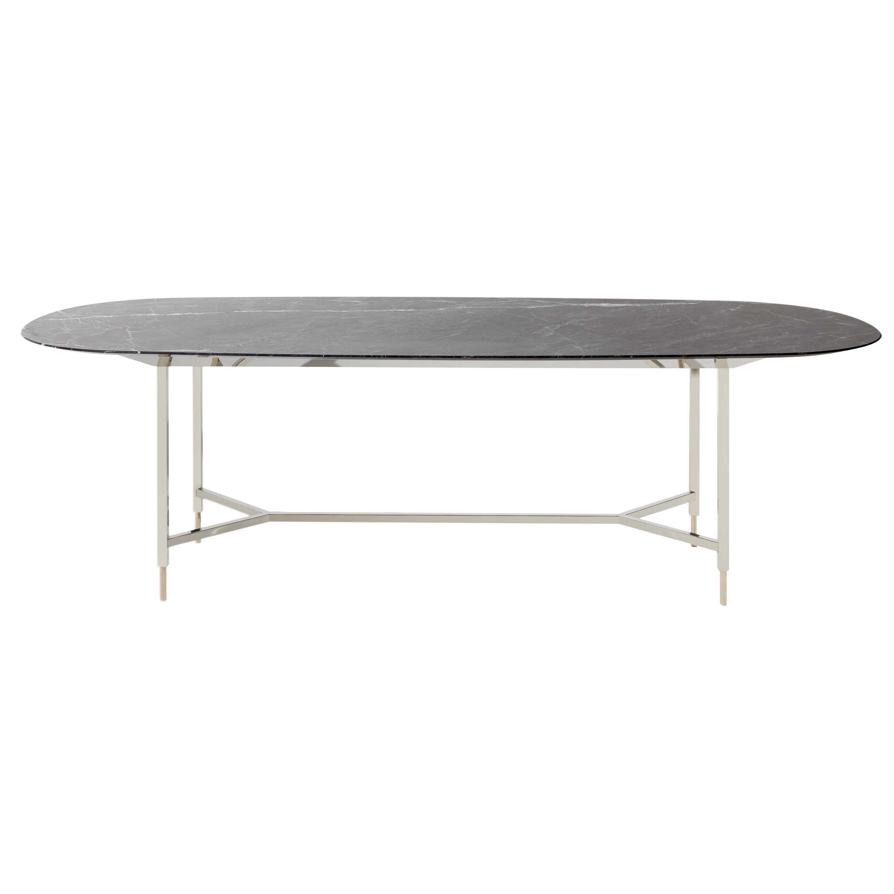 Banquet Table, Top Carnic Grey Marble, Structure Steel, Finishes Nichel, Gold For Sale