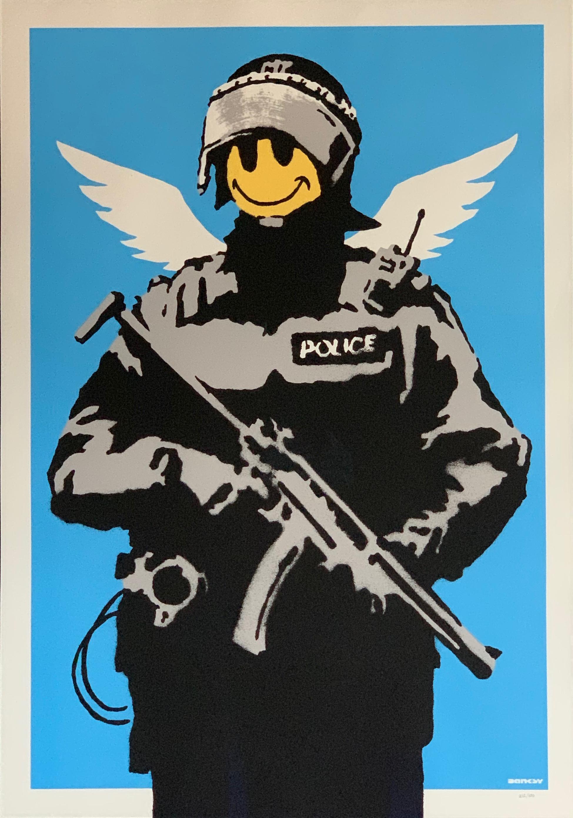 Flying Copper Banksy 2003 unsigned

Flying Copper is an early iconic image from Banksy. The work shows a heavily armed British police officer with little angel wings and a yellow smiley face. Flying Copper was visible under the form of giant