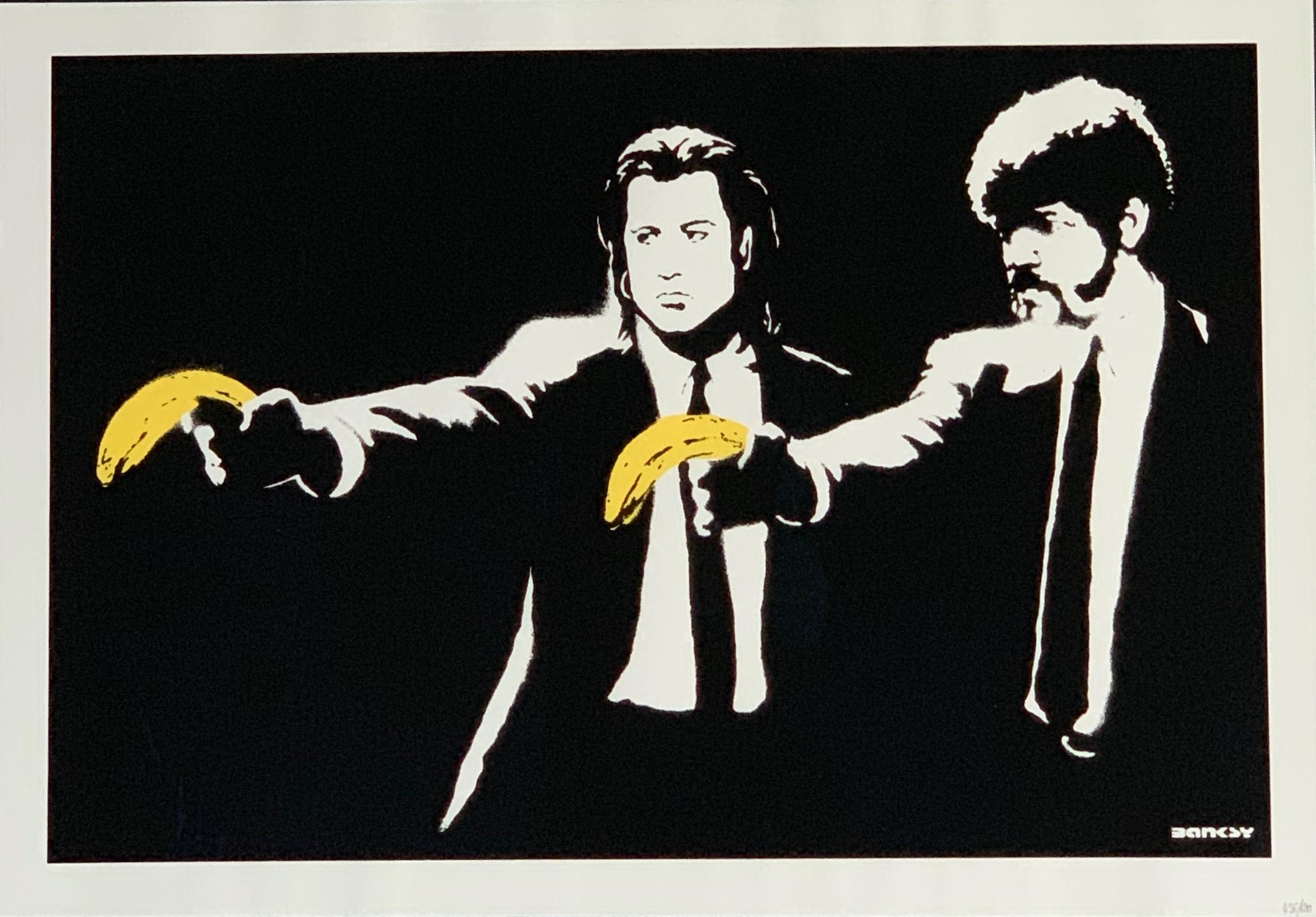Pulp Fiction Banksy 2004 unsigned

Banksy’s Pulp Fiction art depicts a famous scene from the iconic Quentin Tarantino film in which two protagonists from Pulp Fiction are clutching bananas instead of guns.
This work first appeared in 2002 as a