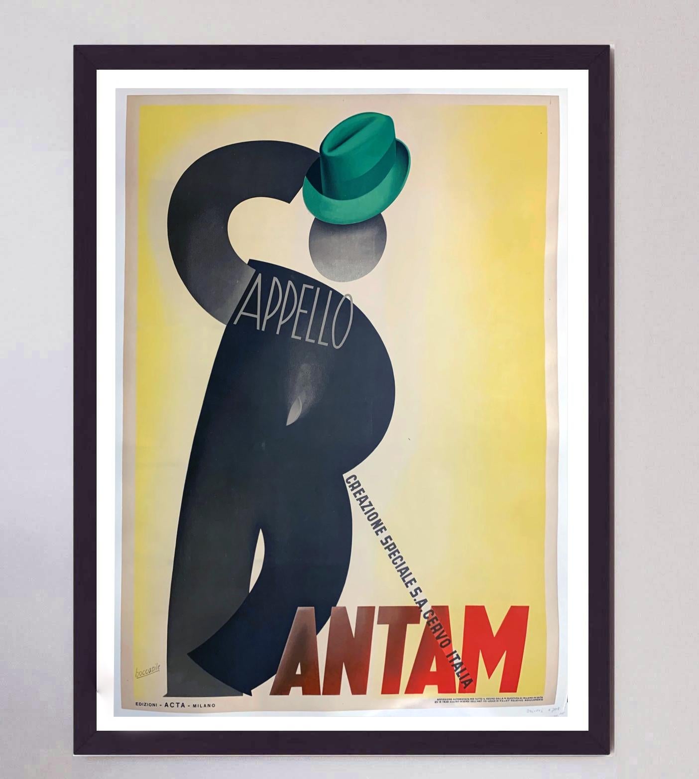 Stunning art deco poster designed by the iconic French-Italian poster artist Leonetto Cappiello created to promote Bantam Hats of Italy. The brand created fashion hats for men and this piece depicts a man with a green hat with a lined figure