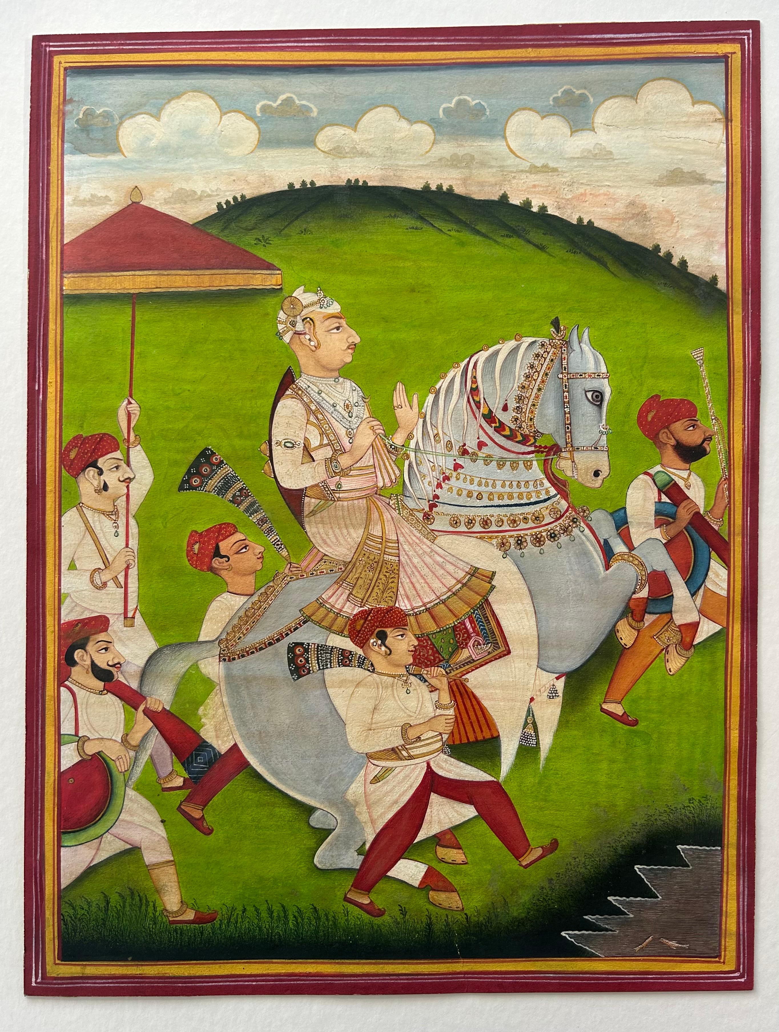 Pintura india en miniatura Maharajá de Mewar a caballo Artista de la Corte India Maestro - Painting de Banwari Lal Jangid