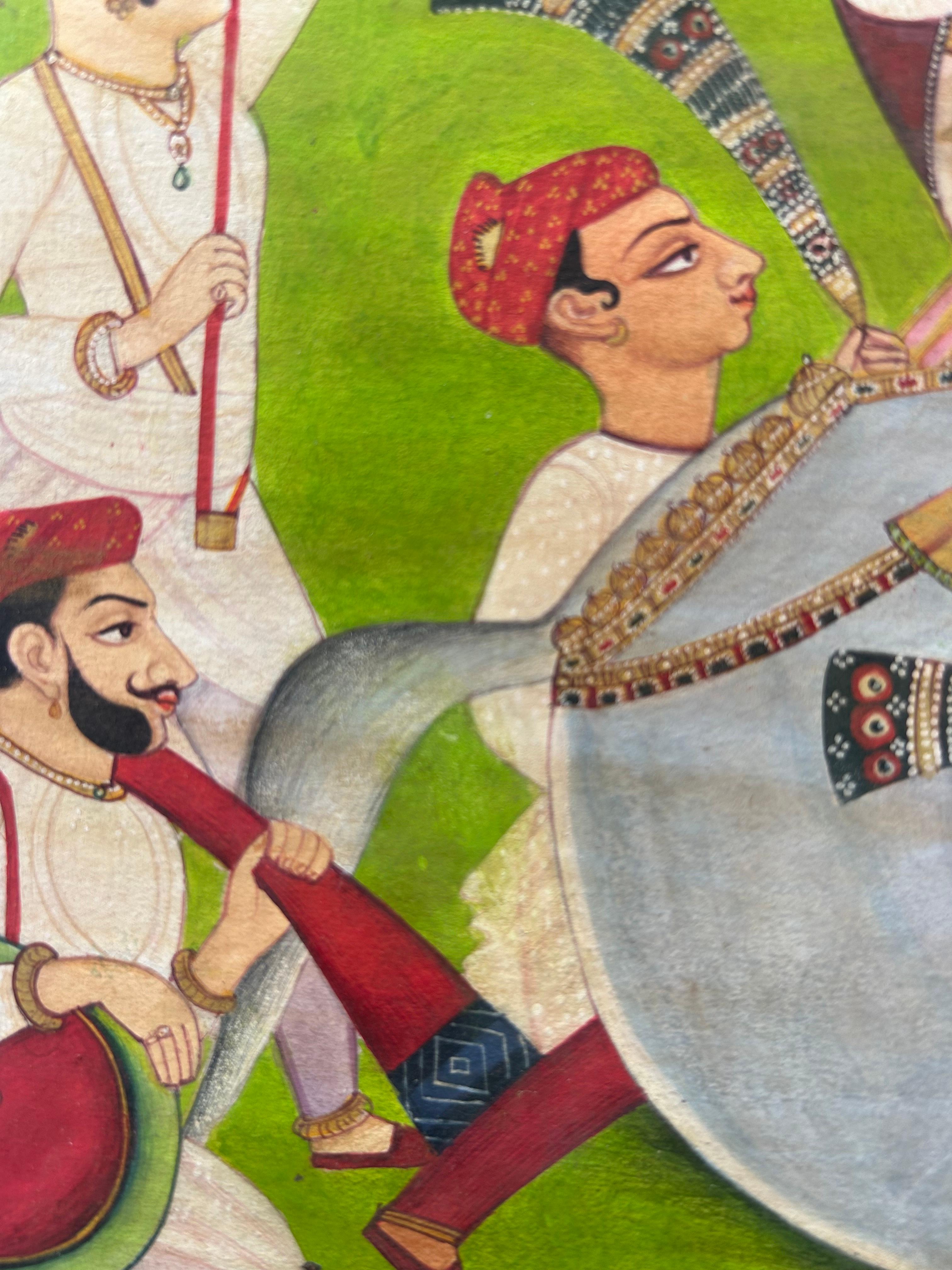 Banwari Lal Jangid
Escuela de Mewar, Maharajá a caballo con guardias
Tamaño: 37,2 x 28,2 cm
Pigmento natural sobre papel hecho a mano
siglo XX

Esta es una  fabulosa pintura en miniatura de uno de los maestros pintores de miniaturas de Rajastán,